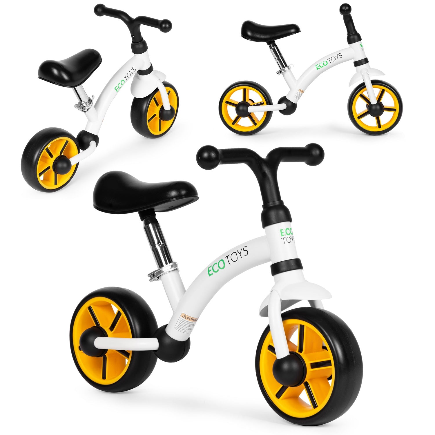 Varias bicicletas de equilibrio blancas y negras con ruedas amarillas se muestran. Las bicicletas tienen asientos y manillares negros. La marca es ECO TOYS.