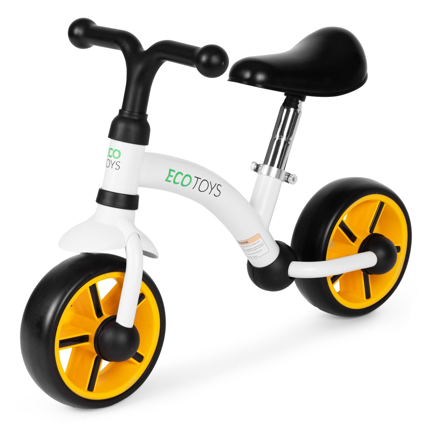 Una bicicleta de equilibrio blanca ECO TOYS con manillar, asiento y neumáticos negros. Los centros de las ruedas son amarillos.