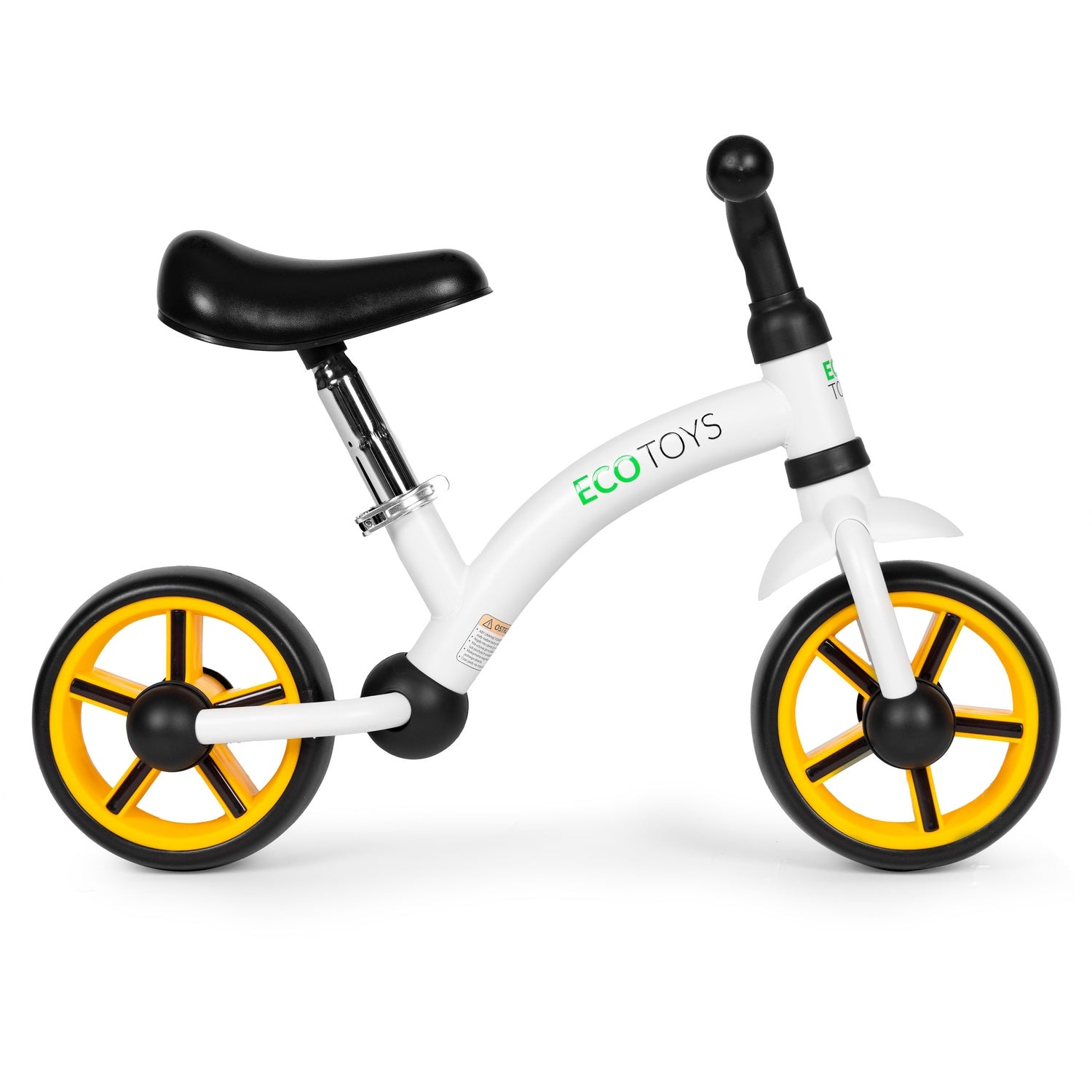 Una bicicleta de equilibrio blanca con ruedas amarillas, neumáticos negros y un asiento negro. El marco tiene texto verde "ECO TOYS".