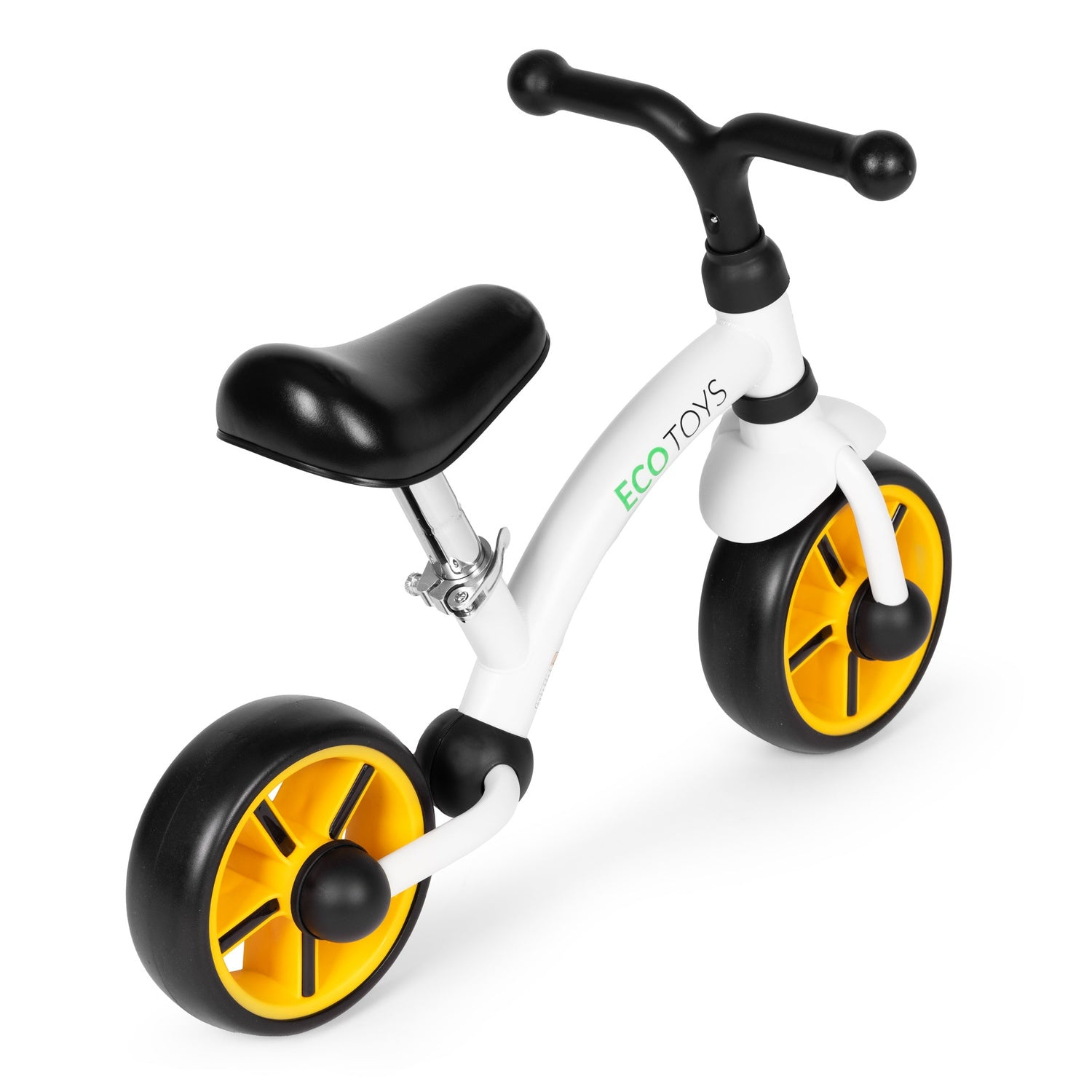 Una bicicleta de equilibrio blanca con asiento negro, manillar y neumáticos con llantas amarillas. La bici tiene la palabra ECO TOYS.