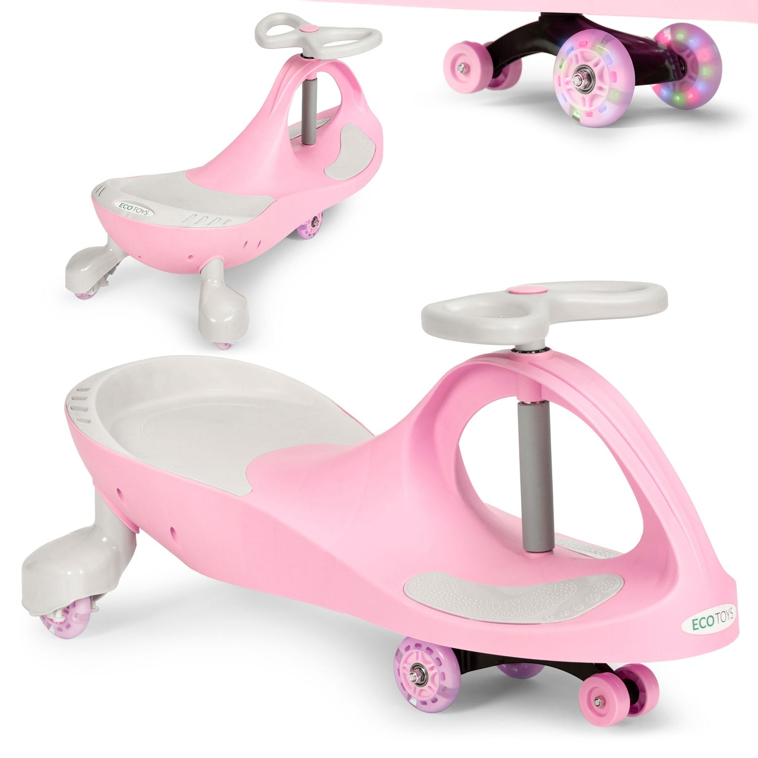 Un juguete rosa Eco Toys para montar con volante, asiento y ruedas. Una versión tiene ruedas iluminadas. Se muestran tres vistas diferentes.