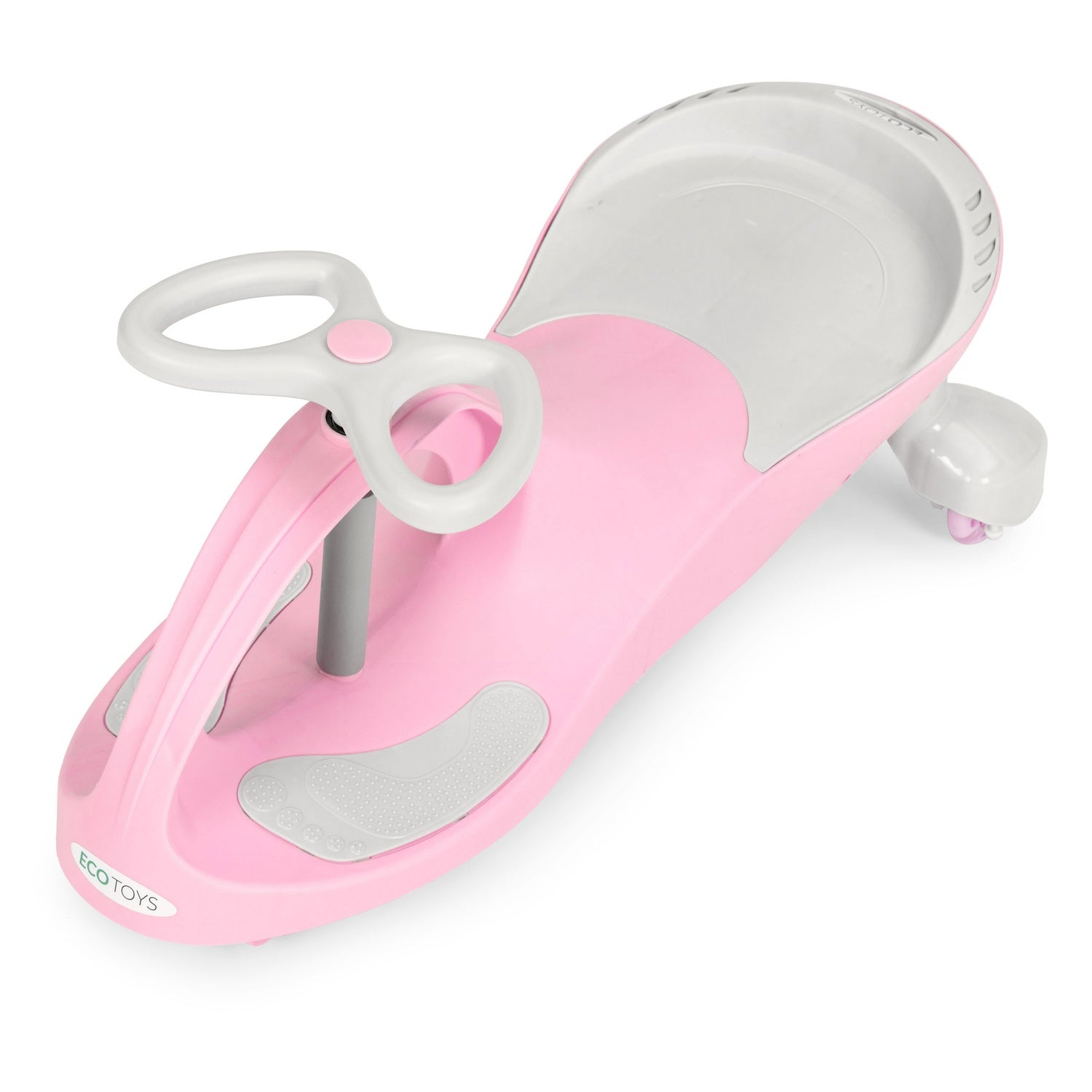 Un juguete rosa y blanco de Eco Toys para montar. Tiene volante, asiento y ruedas pequeñas. El fondo es blanco.