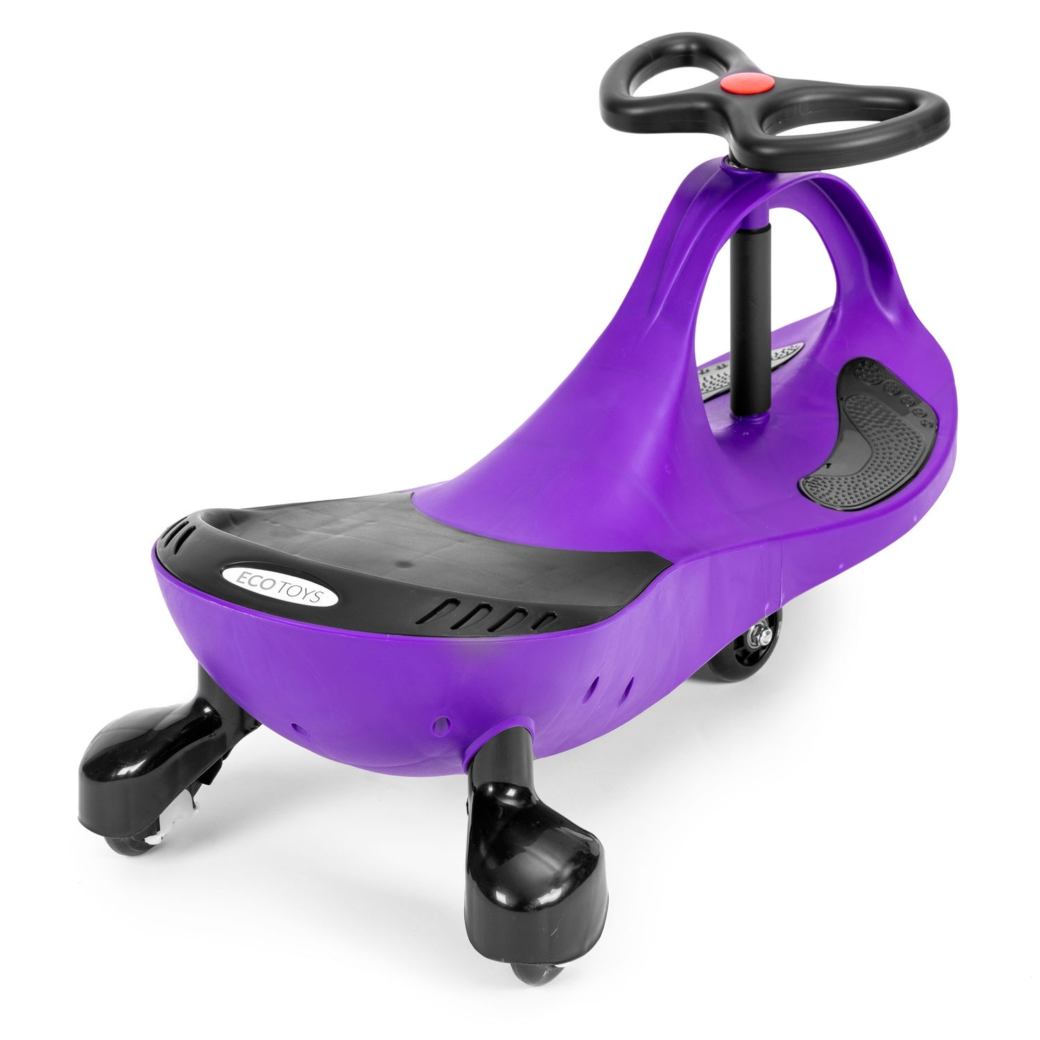 Un juguete morado Eco Toys para montar con asiento negro, volante y reposapiés. Tiene cuatro ruedas negras.
