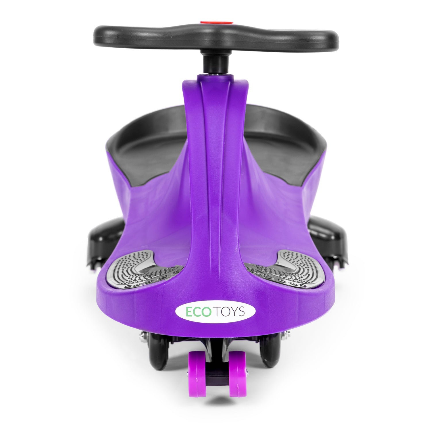 Un juguete morado para montar con asiento y manillar negros. Tiene ruedas pequeñas. El juguete está sobre fondo blanco.
