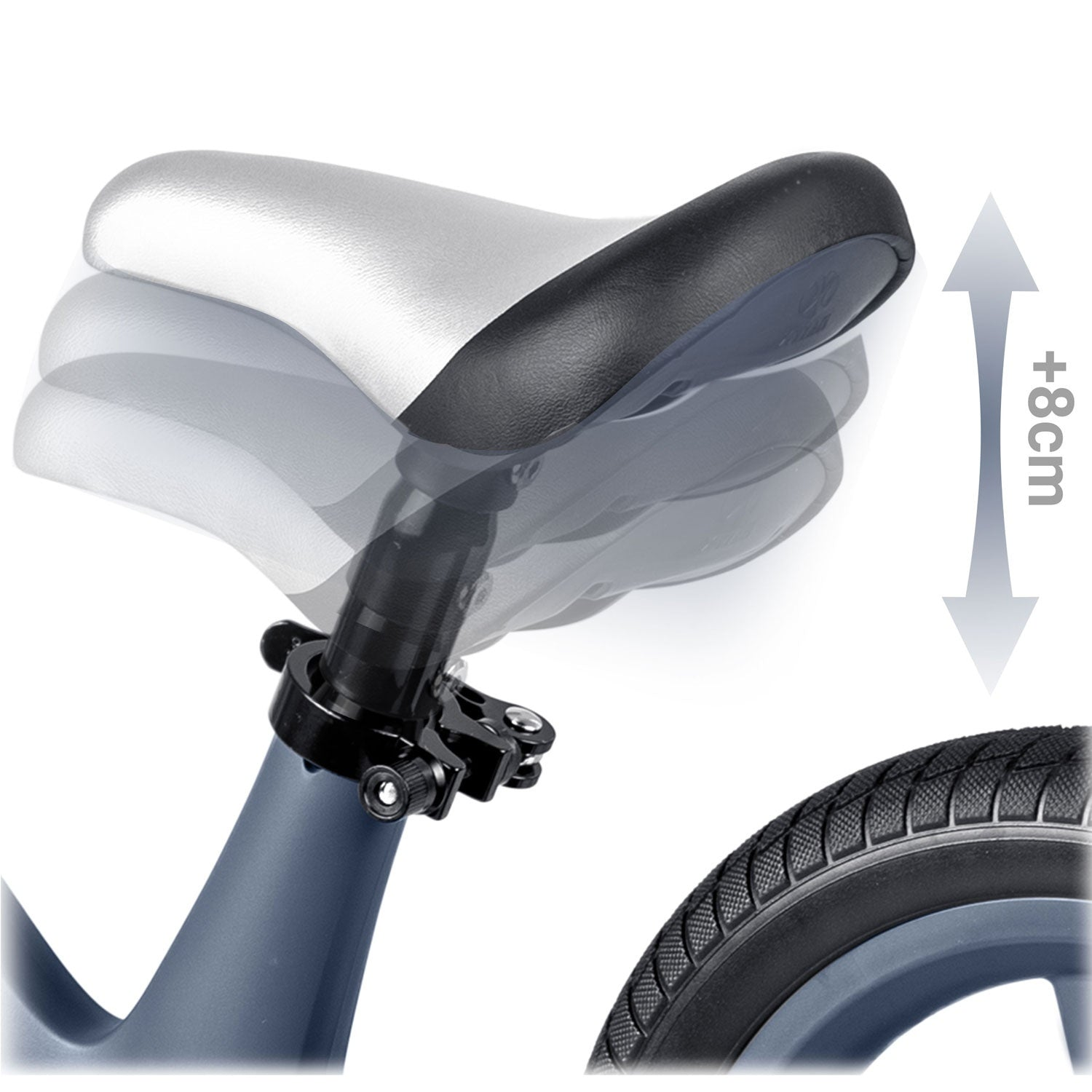 Asiento de bicicleta con flecha de ajuste de altura y texto. El asiento es negro y plateado, con un neumático en la parte inferior derecha.