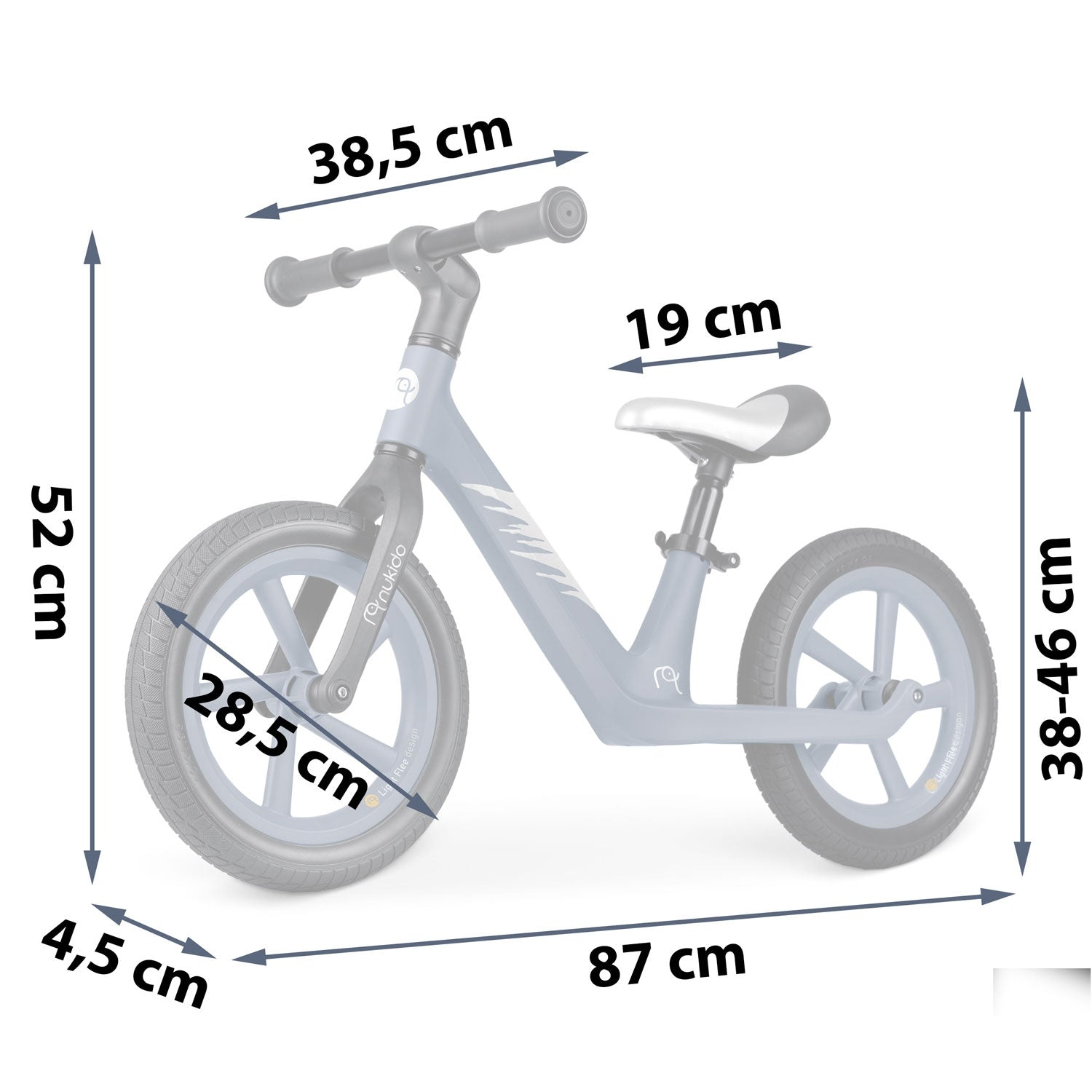 Una bicicleta de equilibrio azul con dimensiones: 52cm alto, 87cm largo, 38.5cm ancho de manillar, 19cm largo de asiento y 28.5cm diámetro rueda.