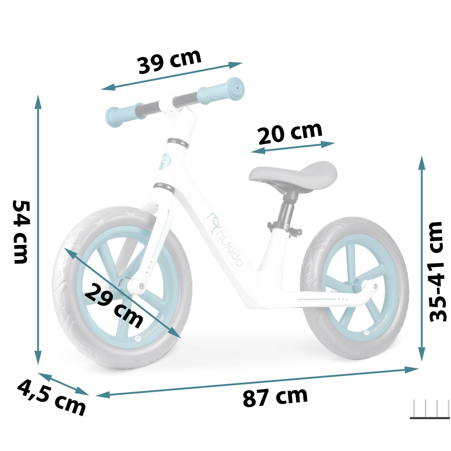 Una bicicleta de equilibrio Nukido blanca con ruedas y manillar azules. Las dimensiones están etiquetadas: 54cm, 29cm, 39cm, 20cm, 87cm, 4.5cm y 35-41cm.