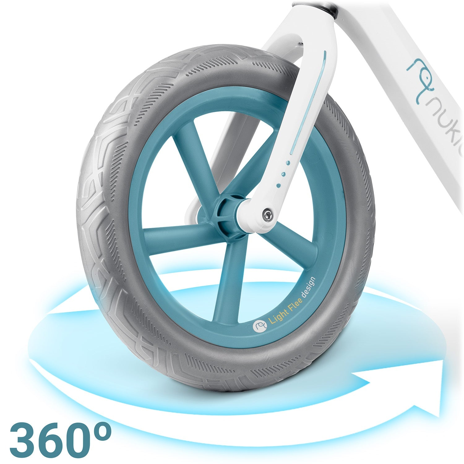 Primer plano de una rueda de bicicleta. La rueda tiene un neumático gris, una llanta y radios turquesa y un marco blanco. Gráfico de flecha de 360°.