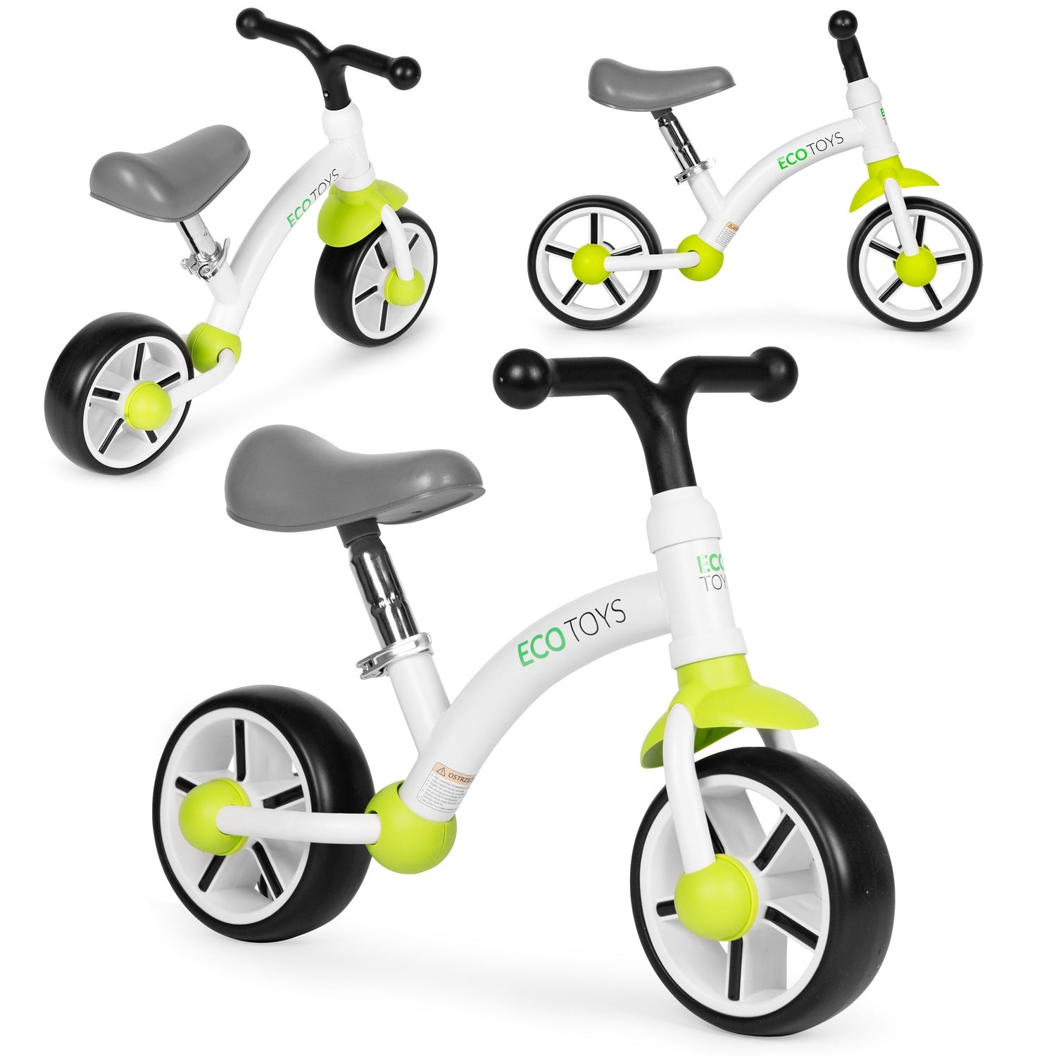 Tres bicicletas de equilibrio blancas con neumáticos negros, asientos grises y detalles verdes se muestran sobre un fondo blanco.