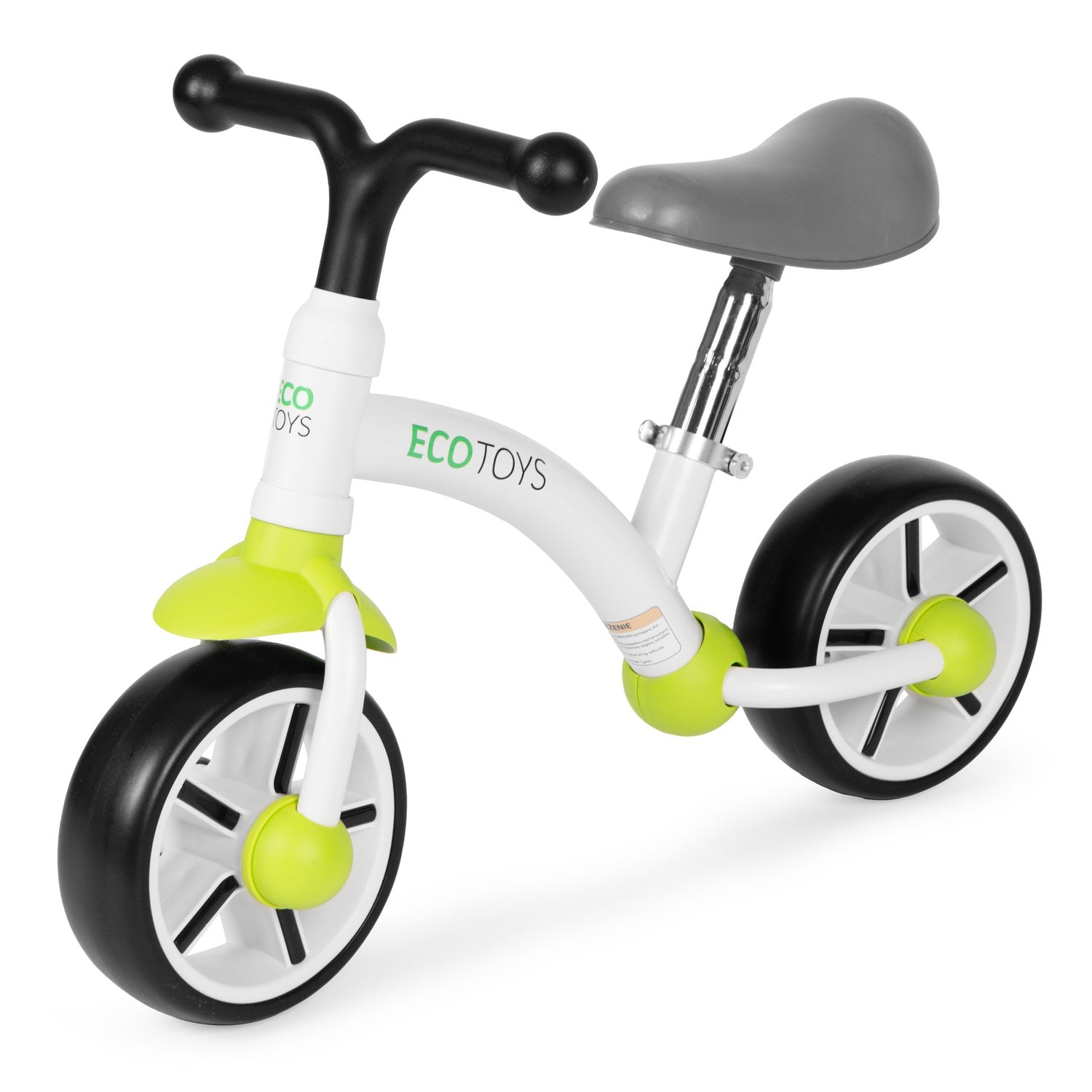 Una bicicleta de equilibrio blanca y verde con neumáticos negros y un asiento gris. El manillar es negro y el cuadro tiene escrito 'ECO TOYS'.