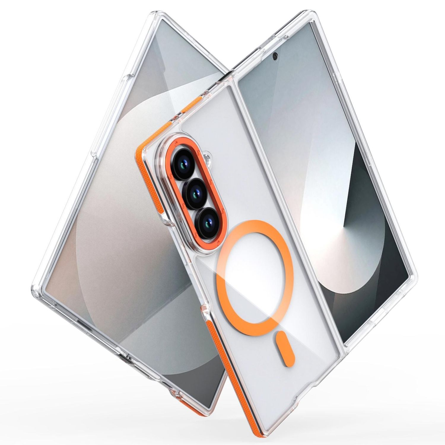 Dos fundas transparentes para teléfonos con detalles en naranja. Una funda tiene un recorte para la cámara y un detalle circular naranja.