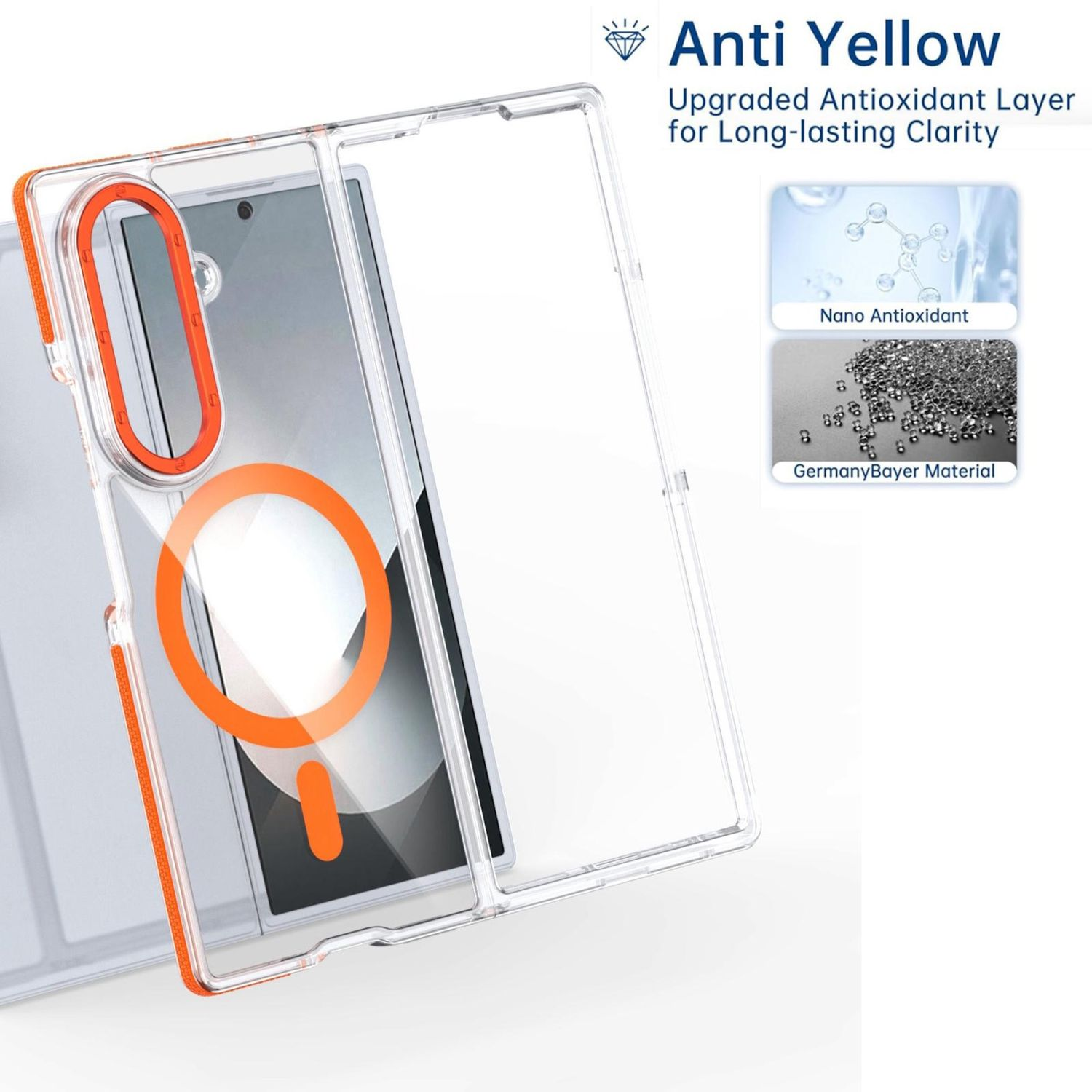 Funda transparente para teléfono con detalles naranjas y un imán circular. La funda protege un teléfono.