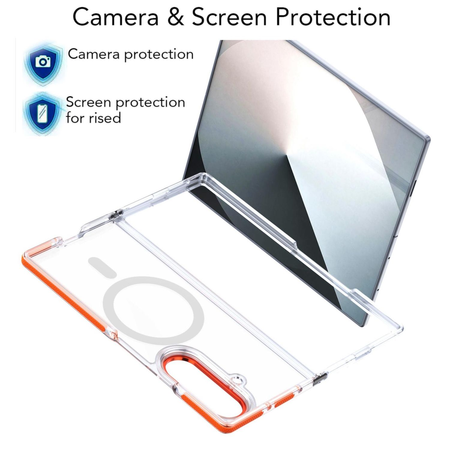 Una funda transparente para teléfono con detalles en naranja se coloca sobre un protector de pantalla. El texto dice 'Protección de cámara y pantalla'.