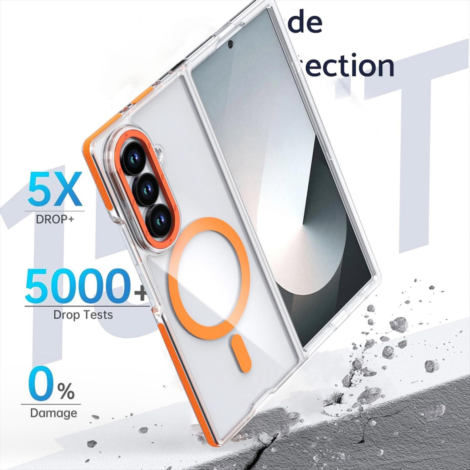 Una funda de teléfono con detalles en naranja está en ángulo. Muestra un teléfono con tres cámaras, un anillo magnético y las palabras '5X DROP+' y '5000+ Drop Tests'.