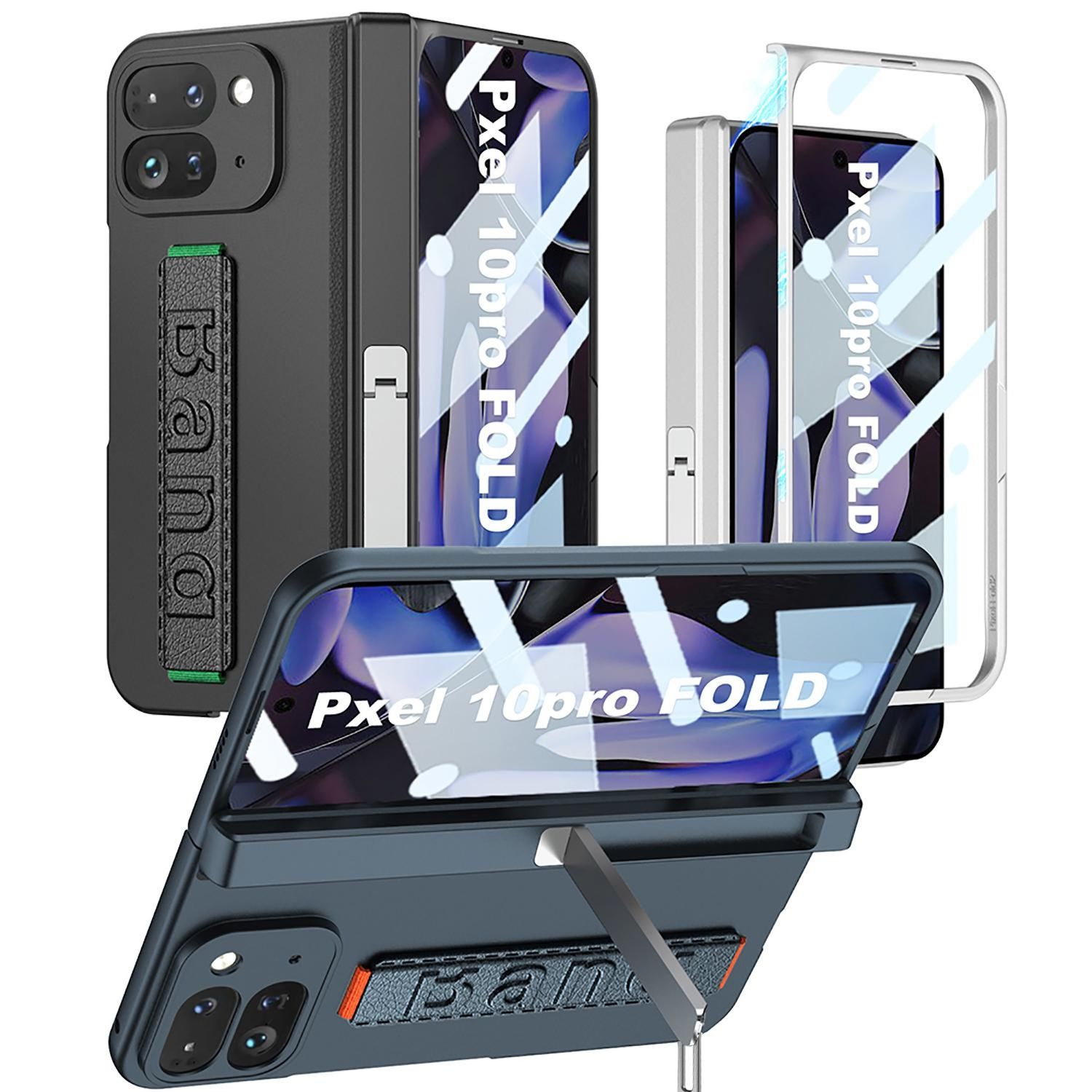 Mehrere Handyhüllen, geöffnet und geschlossen, mit Displayschutzfolie. Hüllen sind schwarz und blau, mit Markenlogos und dem Text 'Pixel 10pro Fold'.