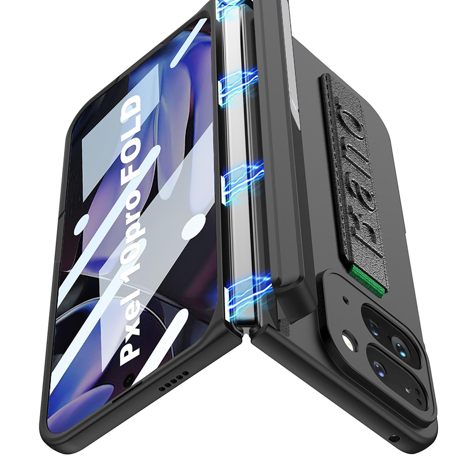 Schwarze Handyhülle, teilweise geöffnet, mit 'Pixel 10 pro FOLD'. Rückseite mit Griff 'reno' und grünem Streifen.