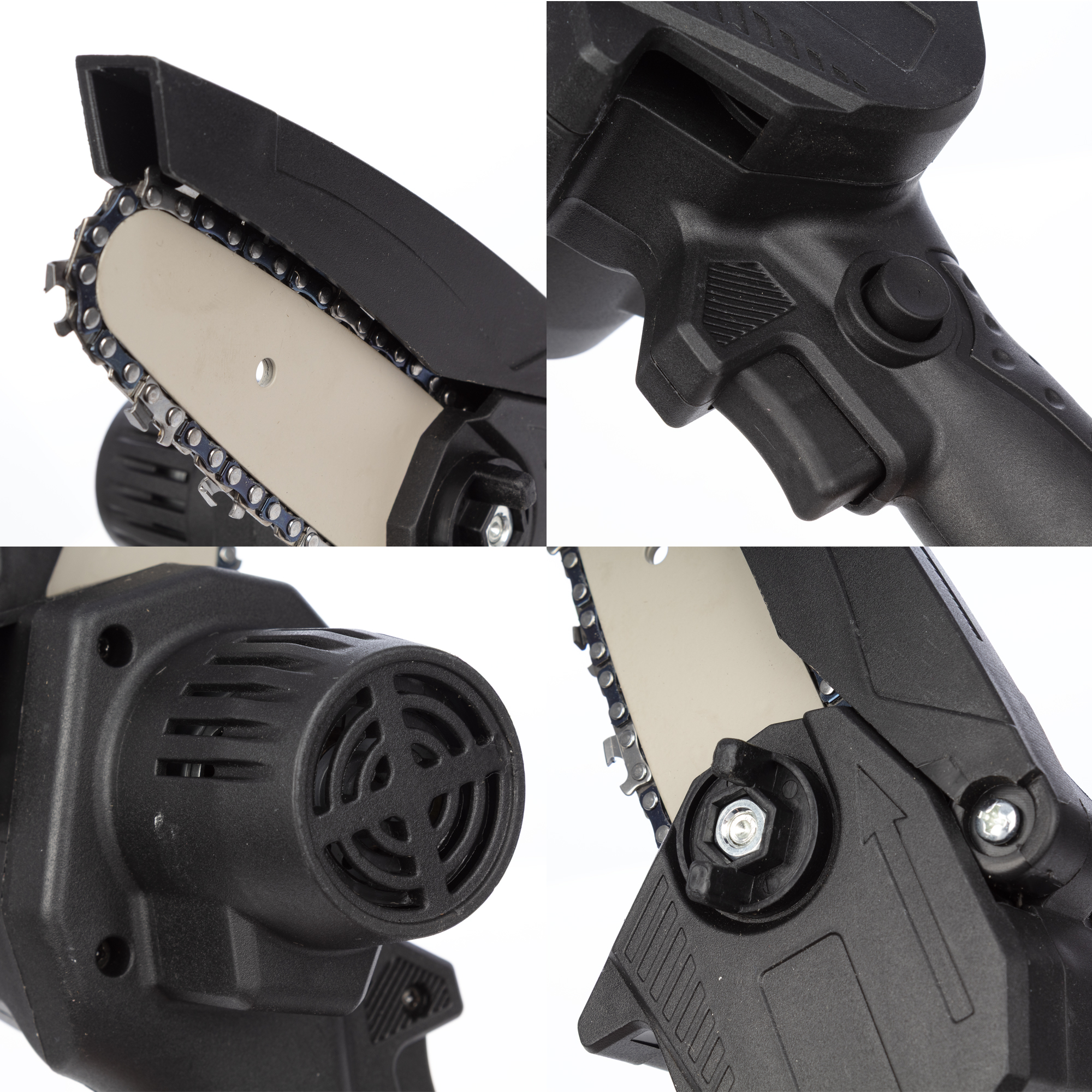 Nahaufnahme einer schwarzen und silbernen Kettensäge. Details umfassen Kette, Griff und Motorgehäuse vor weißem Hintergrund.
