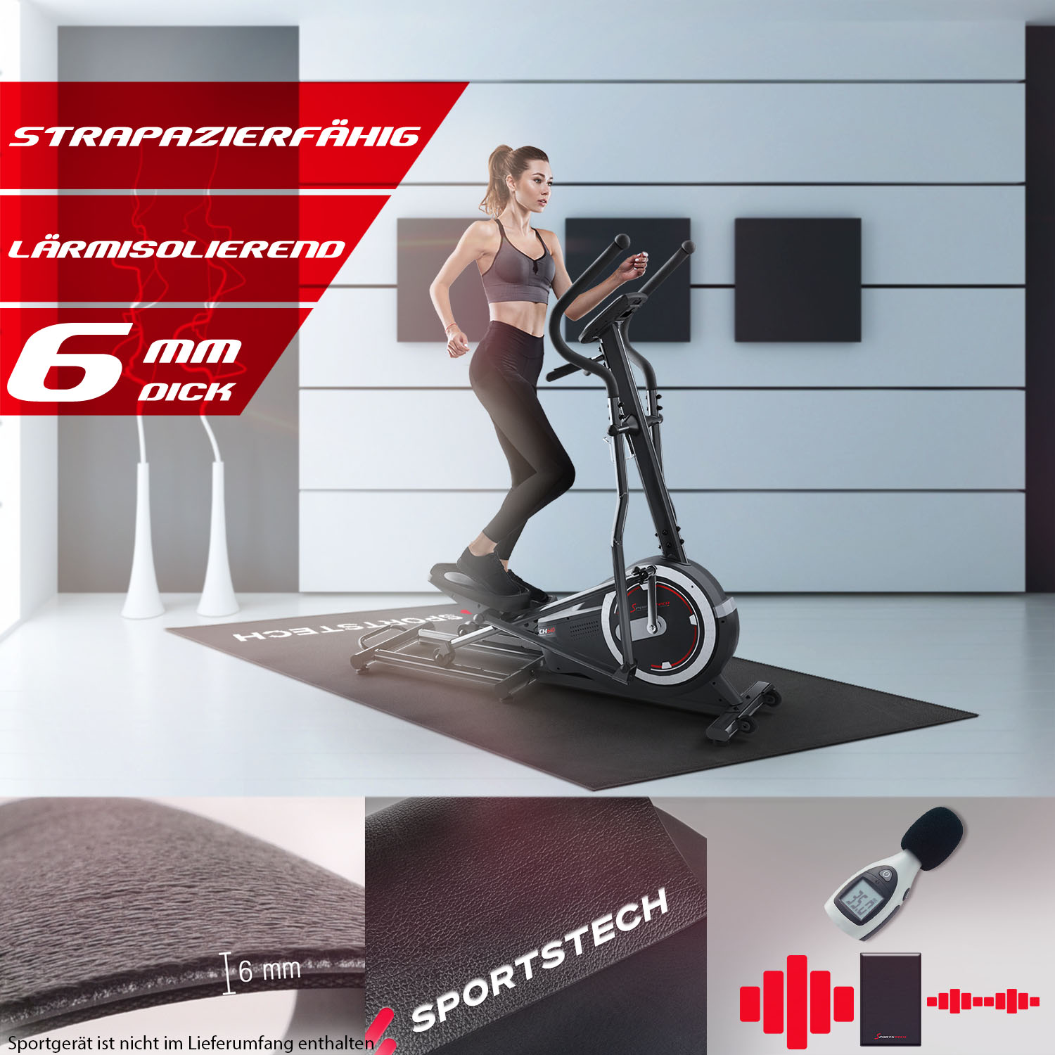 Eine Frau trainiert auf einem schwarzen Crosstrainer. Text hebt Geräuschreduzierung und Haltbarkeit hervor. Details umfassen Matte und Schallpegel.