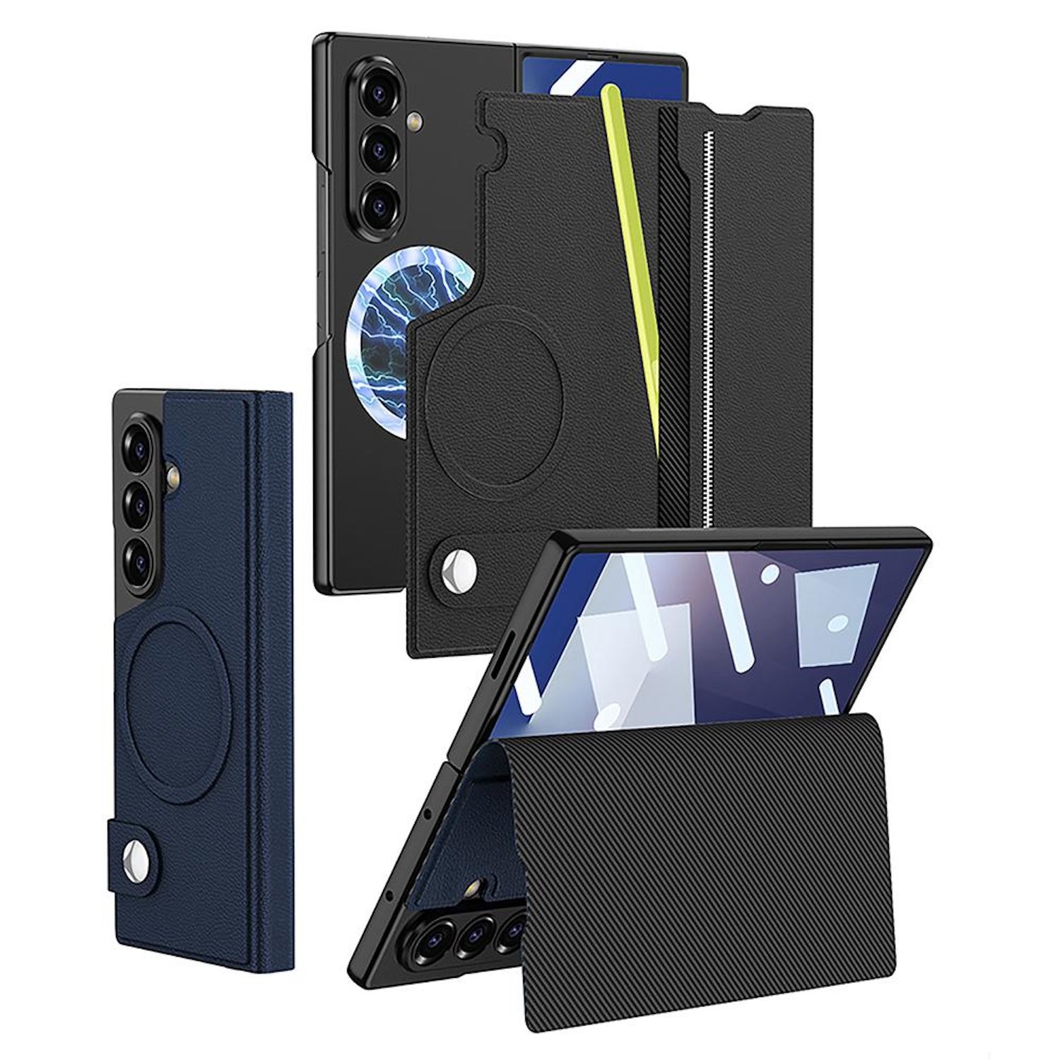 Verschiedene Smartphone-Hüllen in einer Studioaufnahme. Hüllen sind schwarz und blau, einige geöffnet und gefaltet. Verschiedene Designs und Texturen.