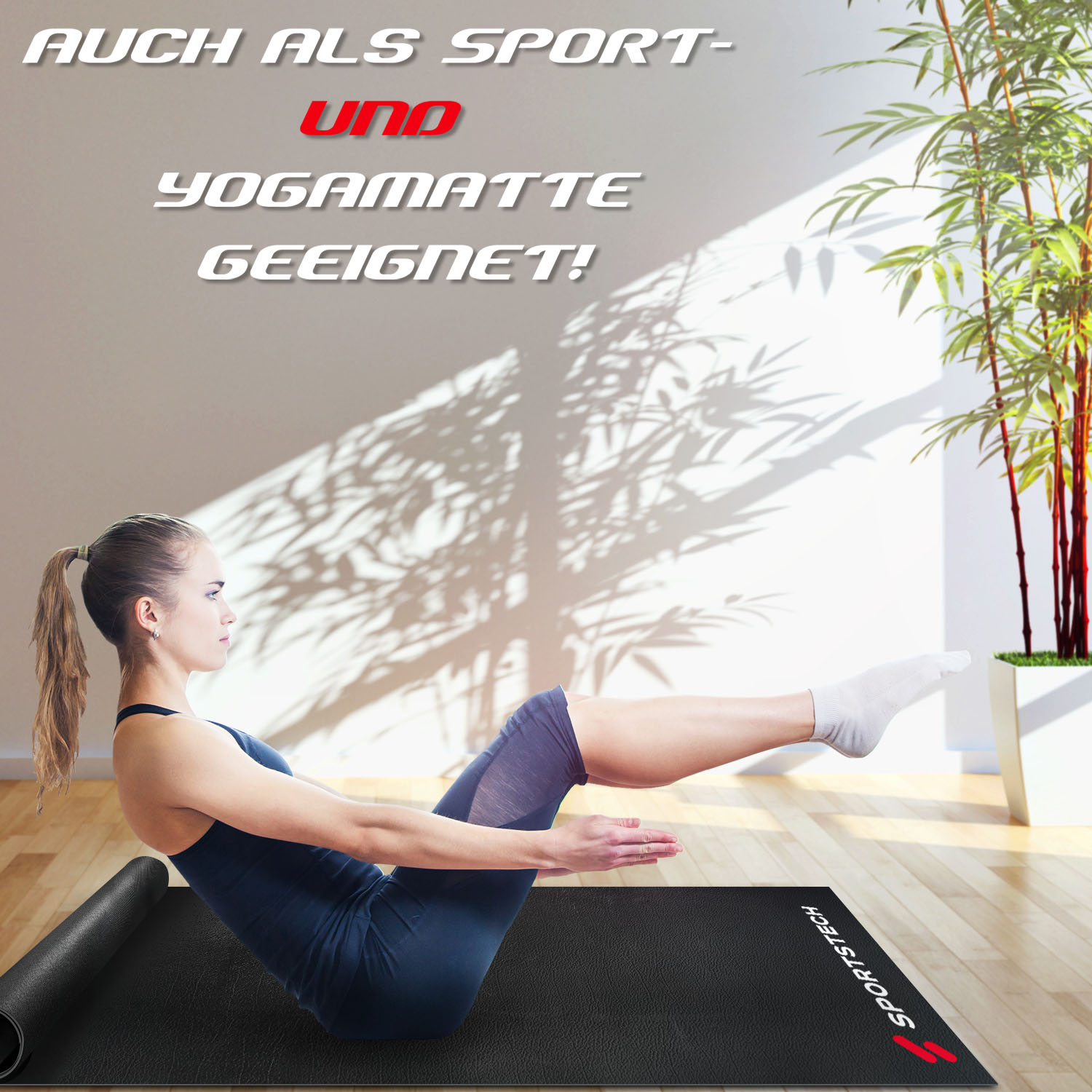 Frau in Yoga-Pose auf schwarzer Matte. Text oben: 'Auch als Sport- und Yogamatte geeignet!'.