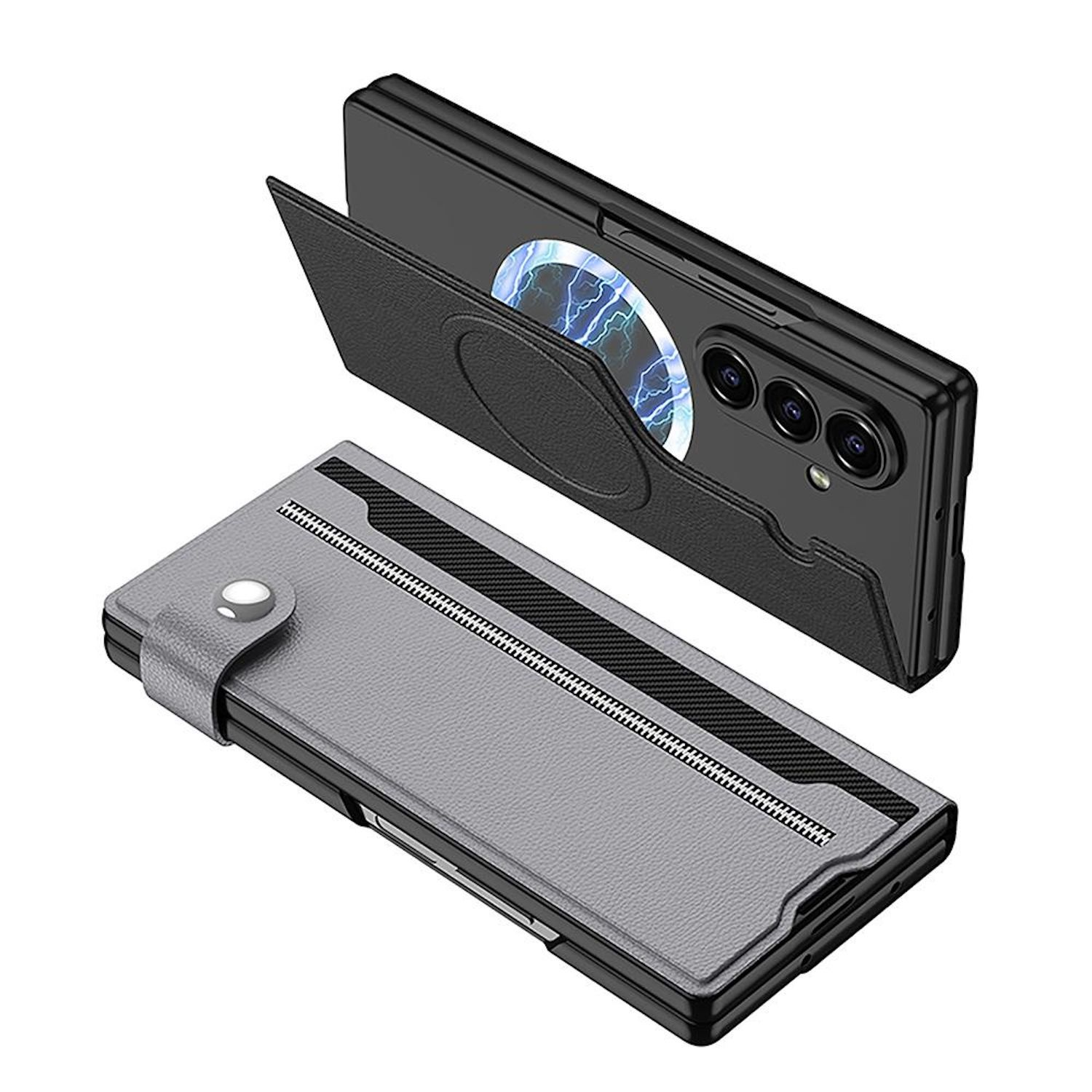 Schwarze und graue Handyhülle mit Faltmuster. Das Telefon hat drei Kameras, eine schwarze Hülle und eine graue Brieftaschenhülle.