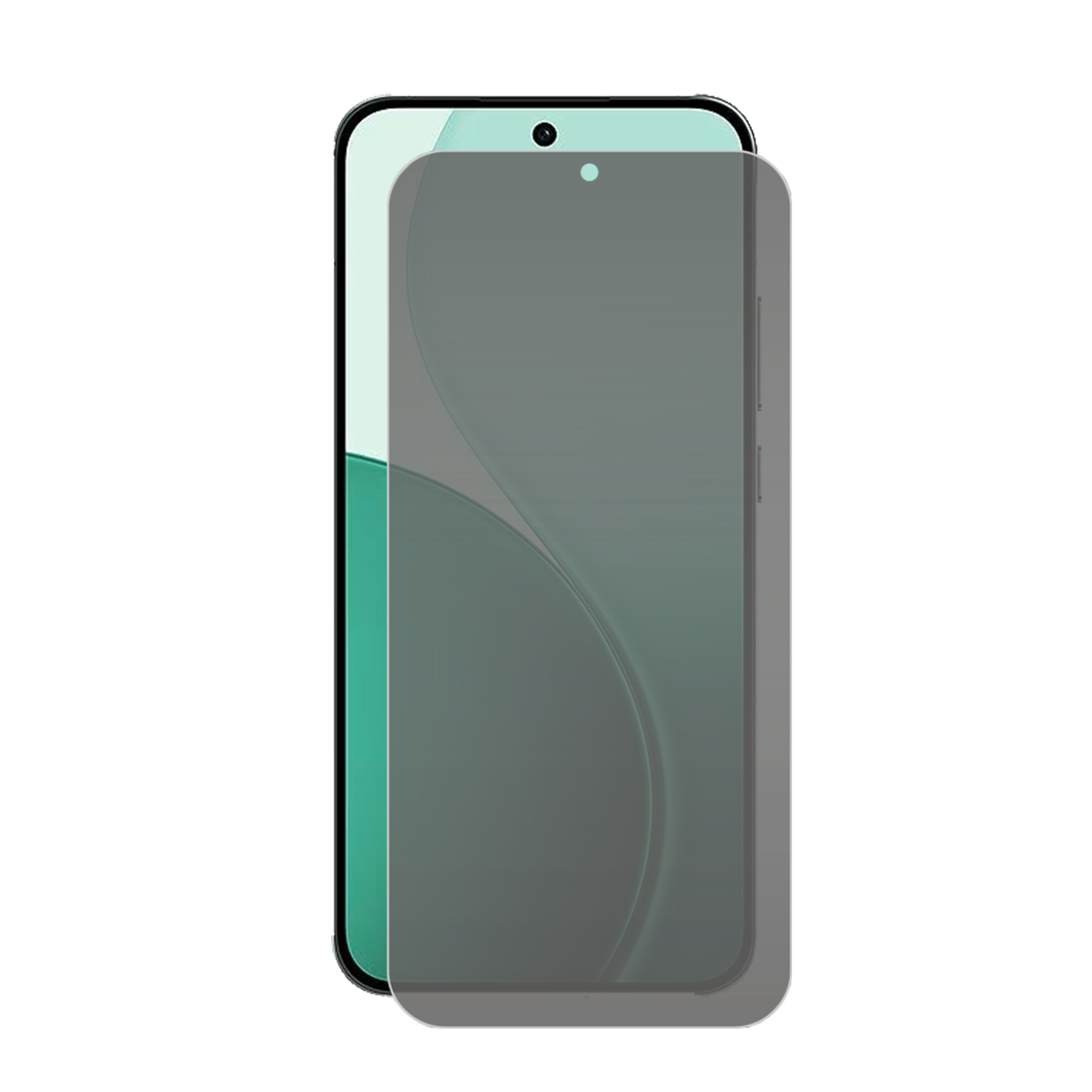 Een smartphone met een schermbeschermer. De telefoon heeft een groen scherm met een zwarte rand en een camera aan de voorkant. De beschermer is grijs.