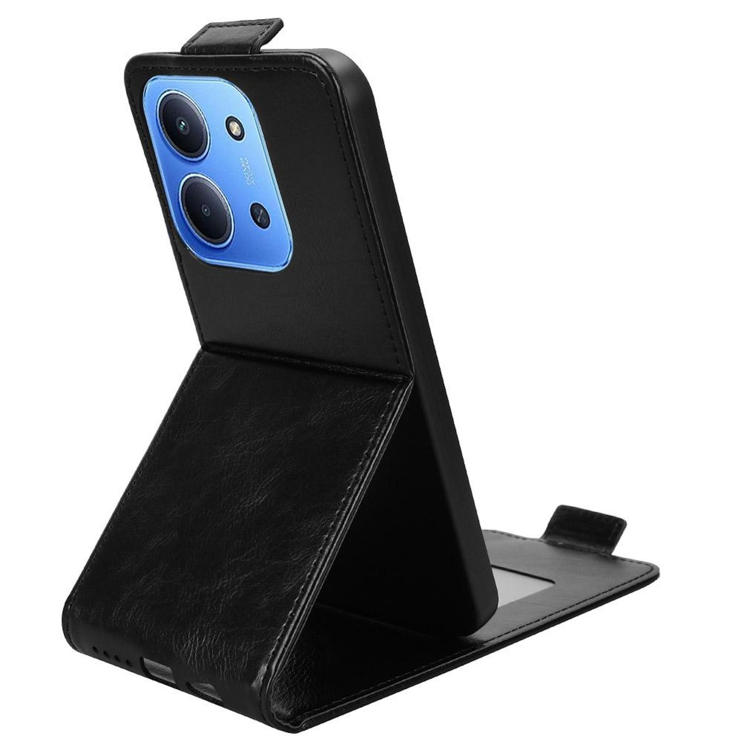 Schwarze Handyhülle mit Telefon, offen aufgestellt. Die Kamera des Telefons ist sichtbar, mit blauem Kamerarahmen.