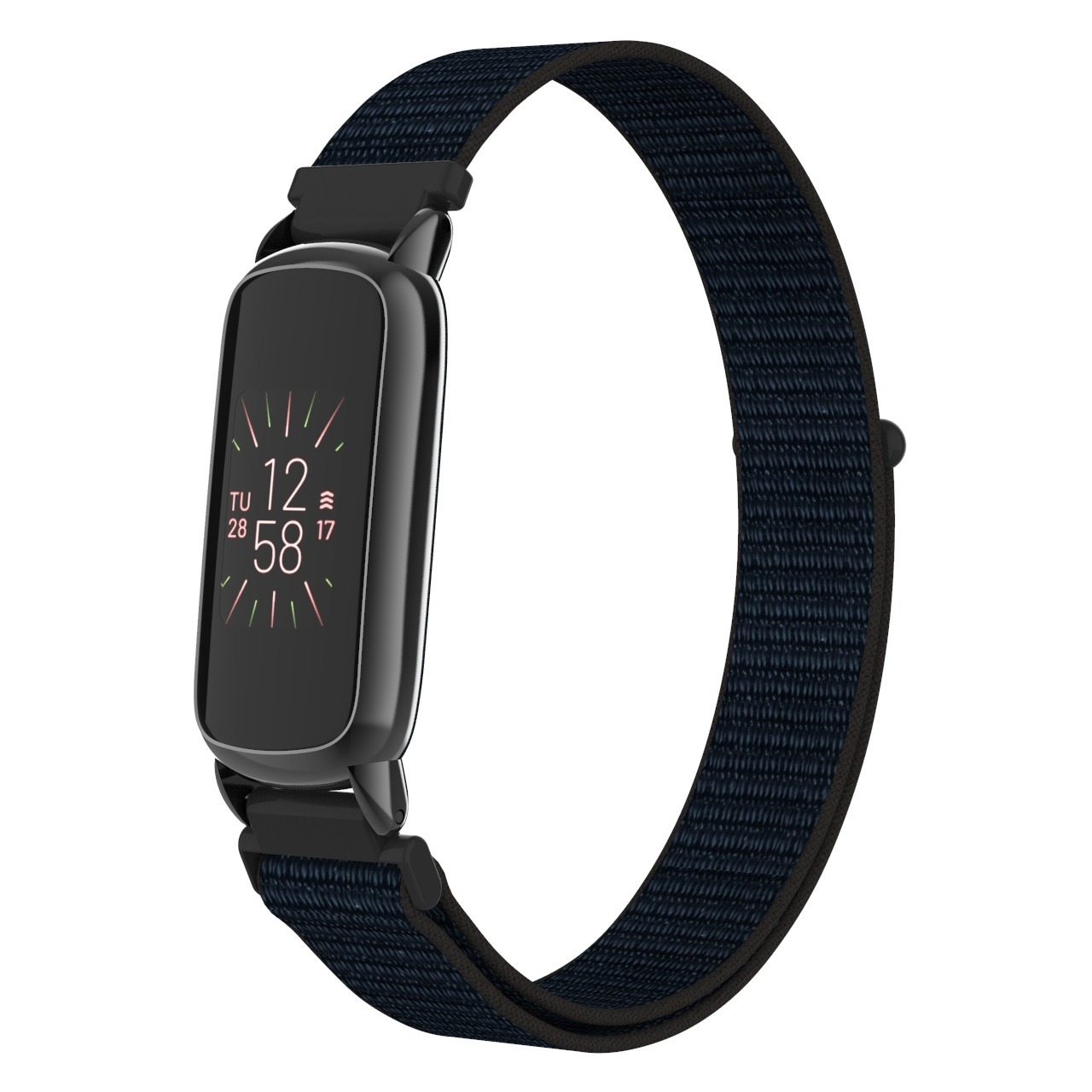 Uno smartwatch nero con cinturino in tessuto blu navy, che mostra ora e data. Il cinturino è ad anello.