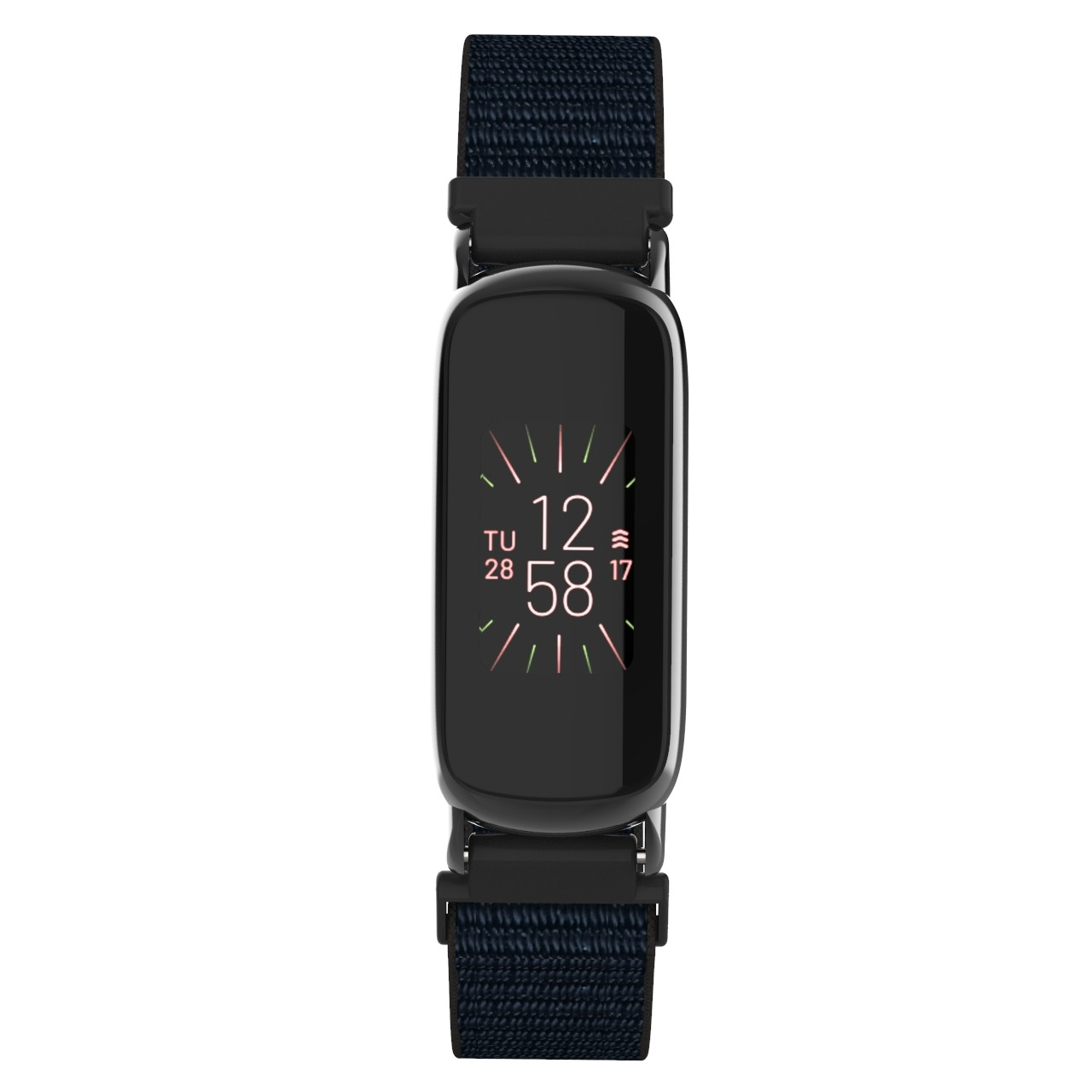 Un fitness tracker nero con cinturino in tessuto blu scuro, che mostra l'ora 12:58. Lo sfondo è bianco.