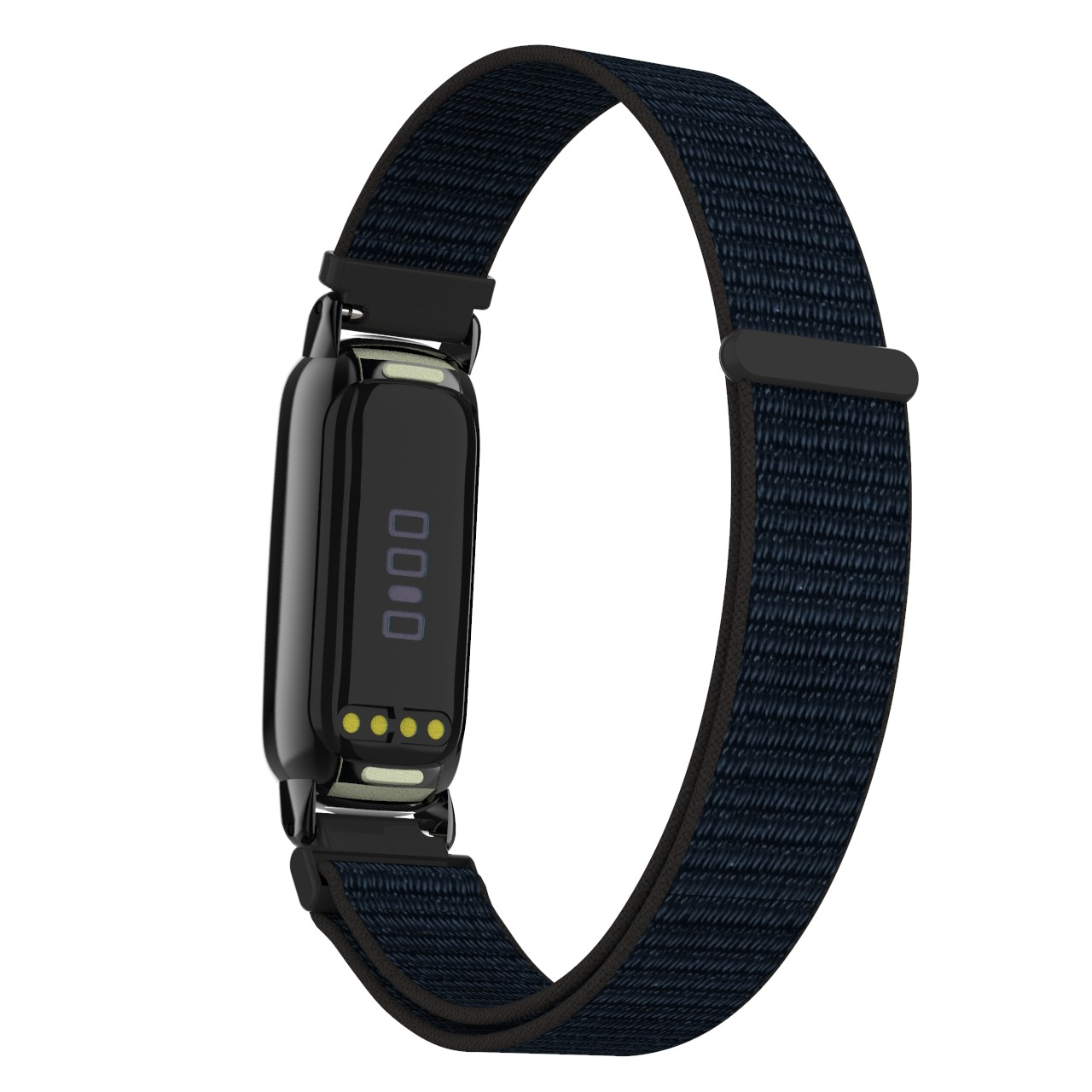 Un fitness tracker nero con cinturino in tessuto blu scuro. Lo schermo mostra numeri e punti gialli. Lo sfondo è bianco.