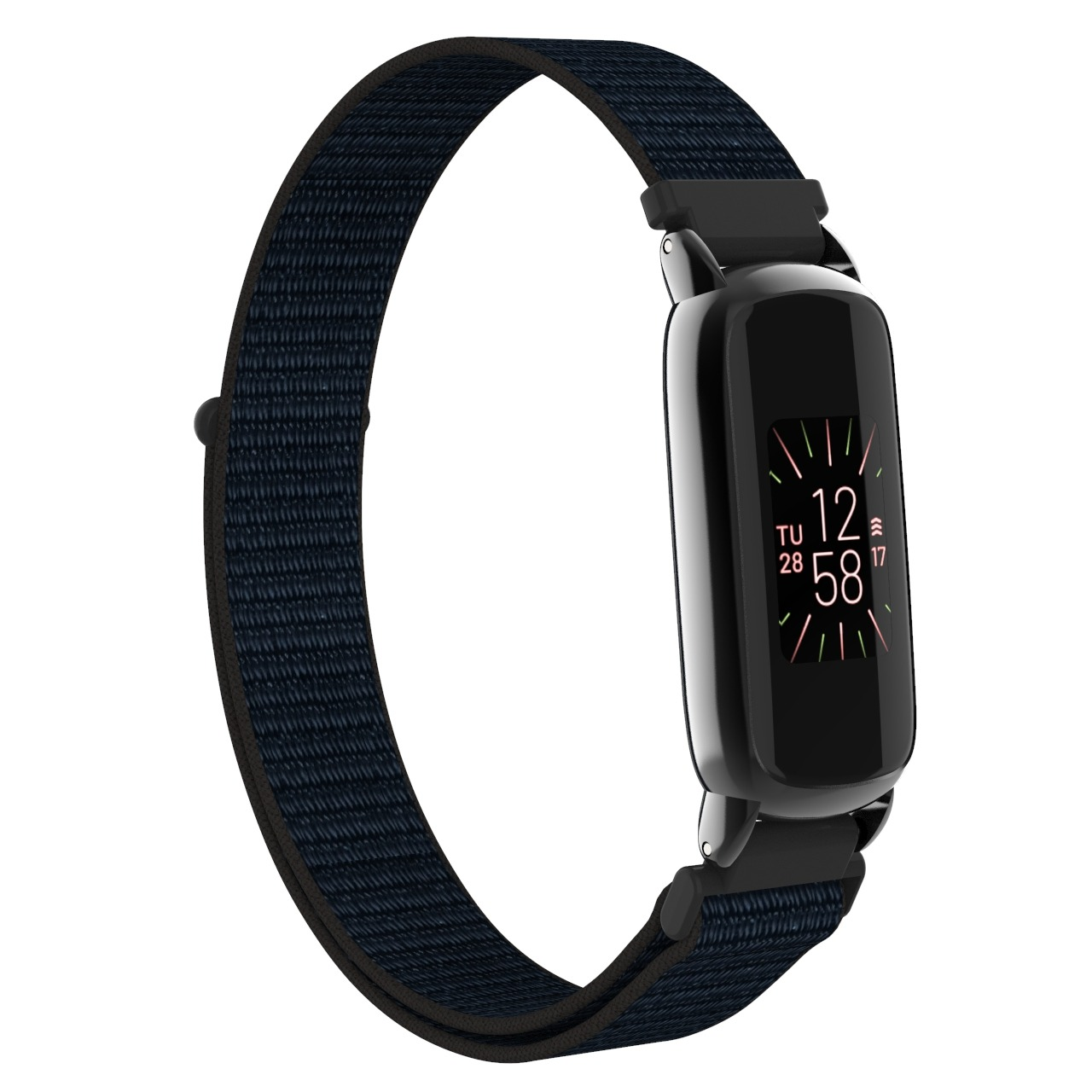 Un fitness tracker nero con cinturino in tessuto blu scuro. Lo schermo mostra l'ora. Lo sfondo è bianco.