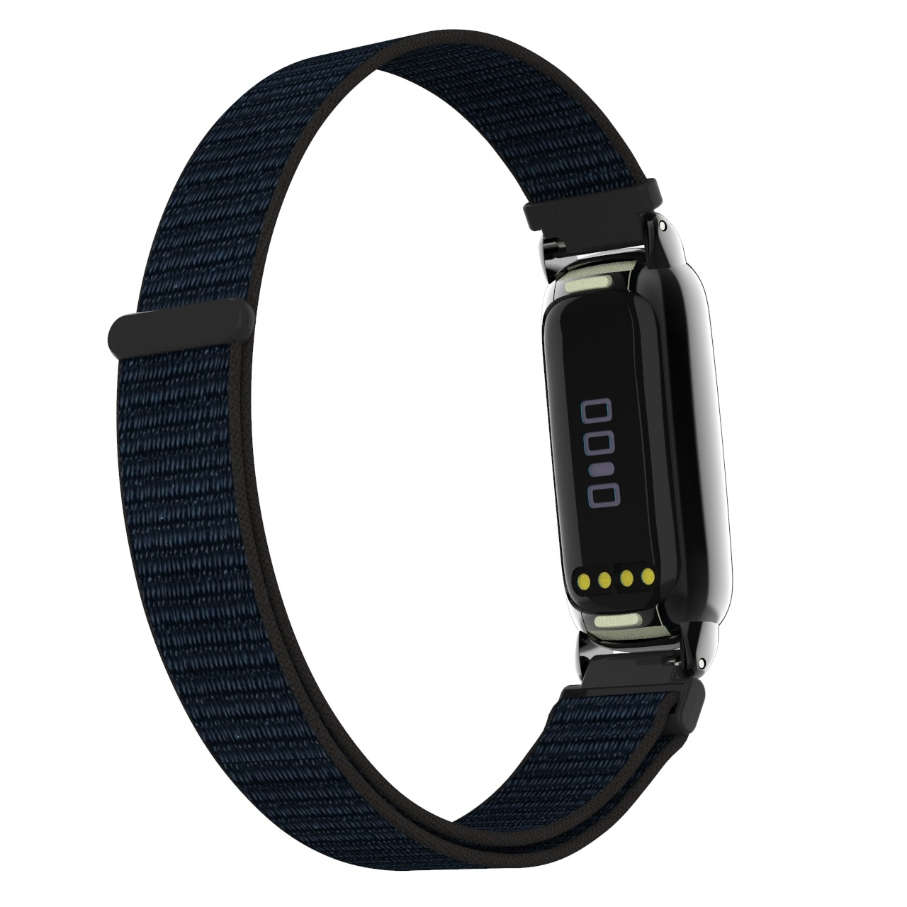 Un fitness tracker nero con cinturino in tessuto blu scuro. Mostra un display digitale e ha una fibbia. Lo sfondo è bianco.