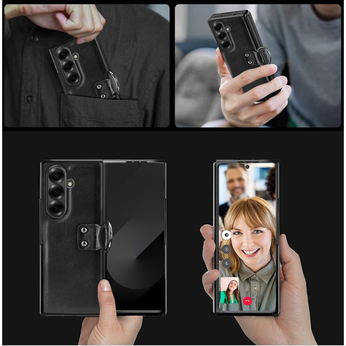 Schwarzes, faltbares Telefon in verschiedenen Kontexten: Tasche, Hand und Videoanruf. Zeigt Details und Benutzeroberfläche.
