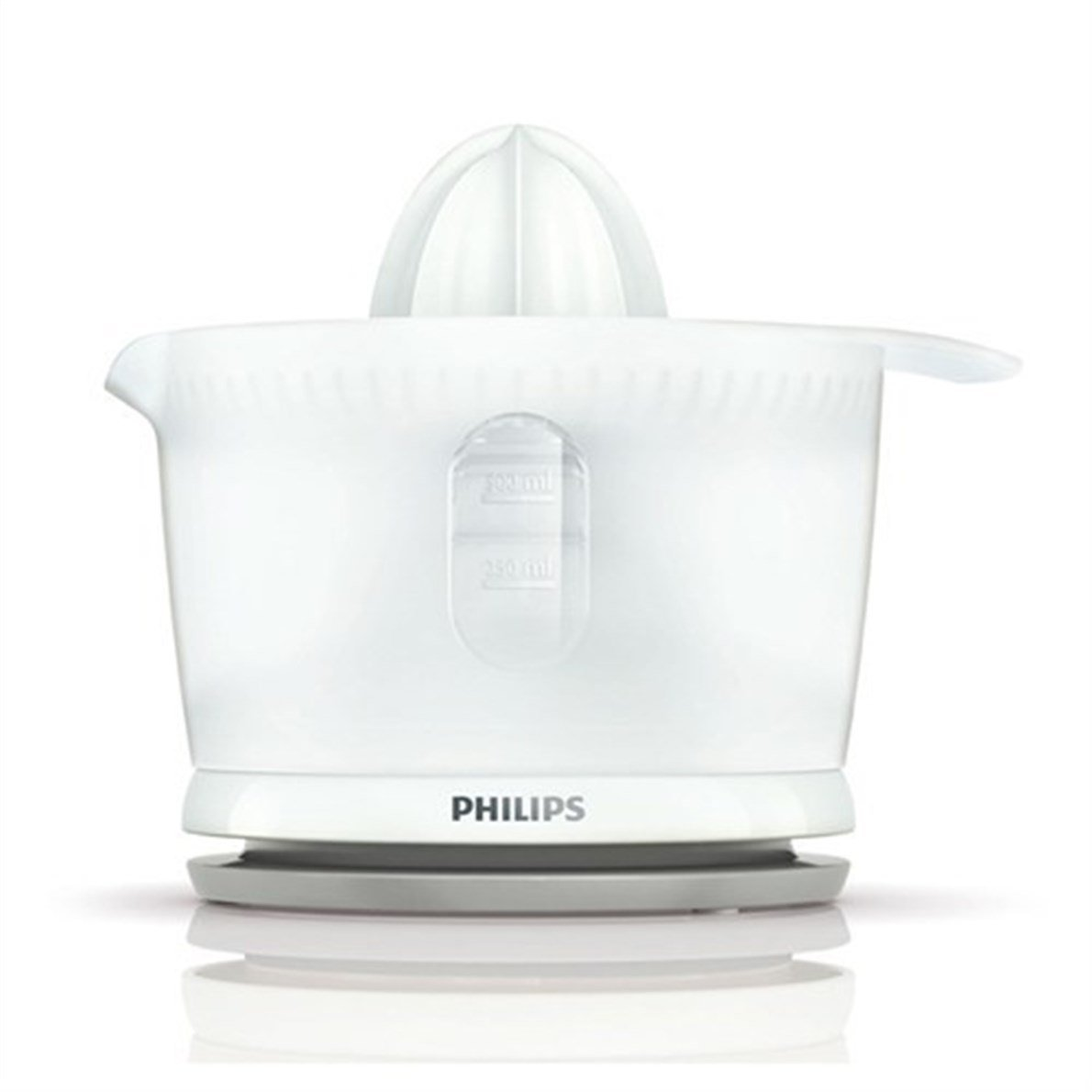 Beyaz bir Philips narenciye sıkacağı, bir rayba ve bir ölçü kabı ile. Taban gri ve bir yansıma var.