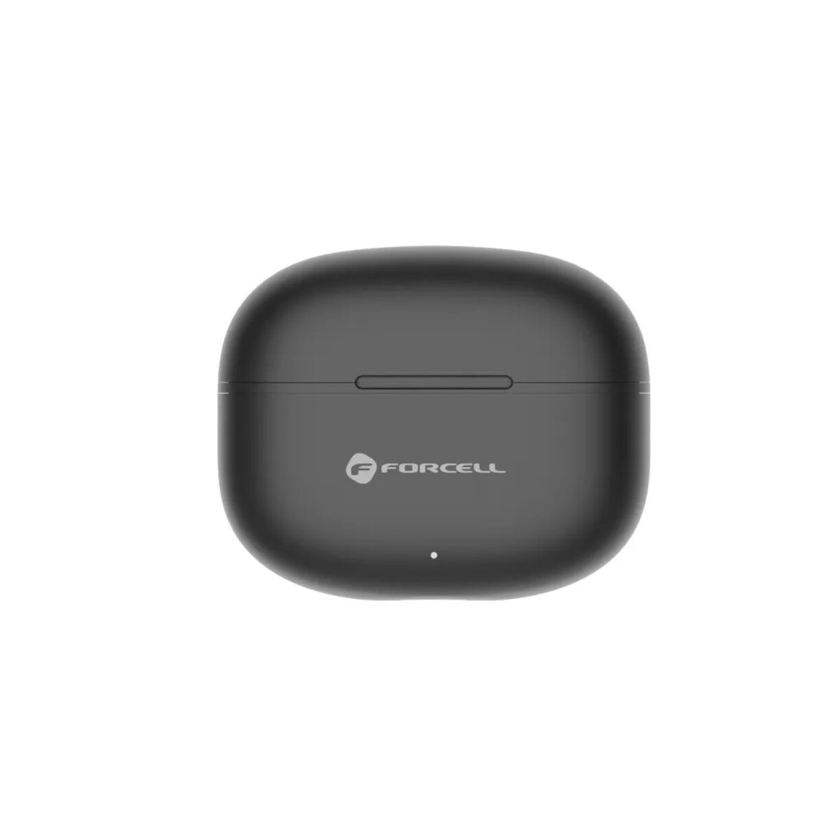 Eine schwarze FORCELL-Kopfhörerhülle. Sie ist oval geformt mit einem kleinen weißen Licht unten und dem Markenlogo vorn.