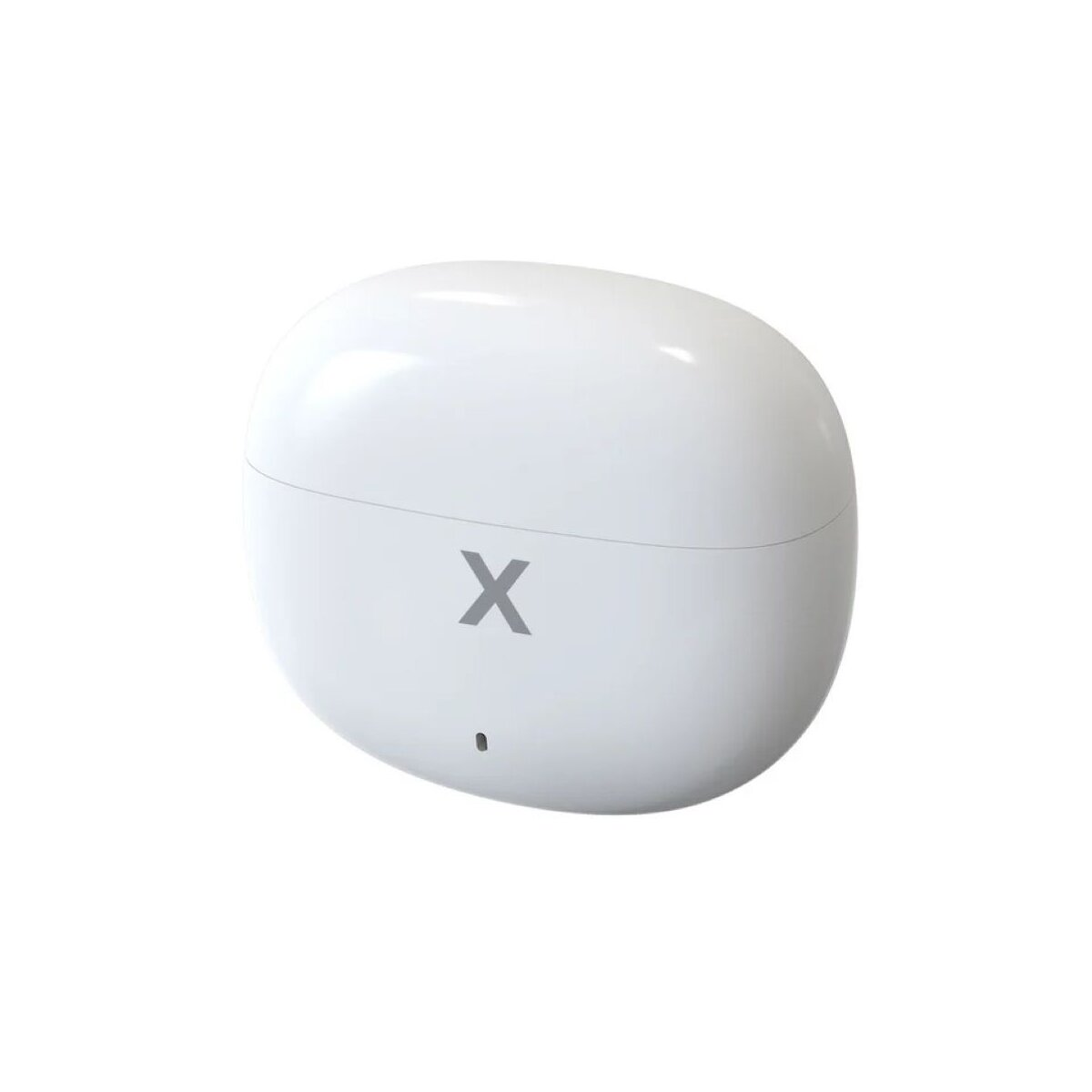 Un astuccio bianco a forma ovale per auricolari con logo 'X' grigio e un piccolo punto. Lo sfondo è bianco.