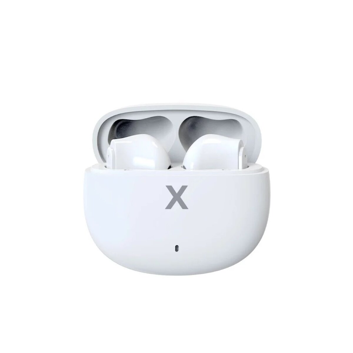 Auricolari wireless bianchi in una custodia di ricarica aperta. La custodia ha un logo 'X' grigio e una piccola spia.