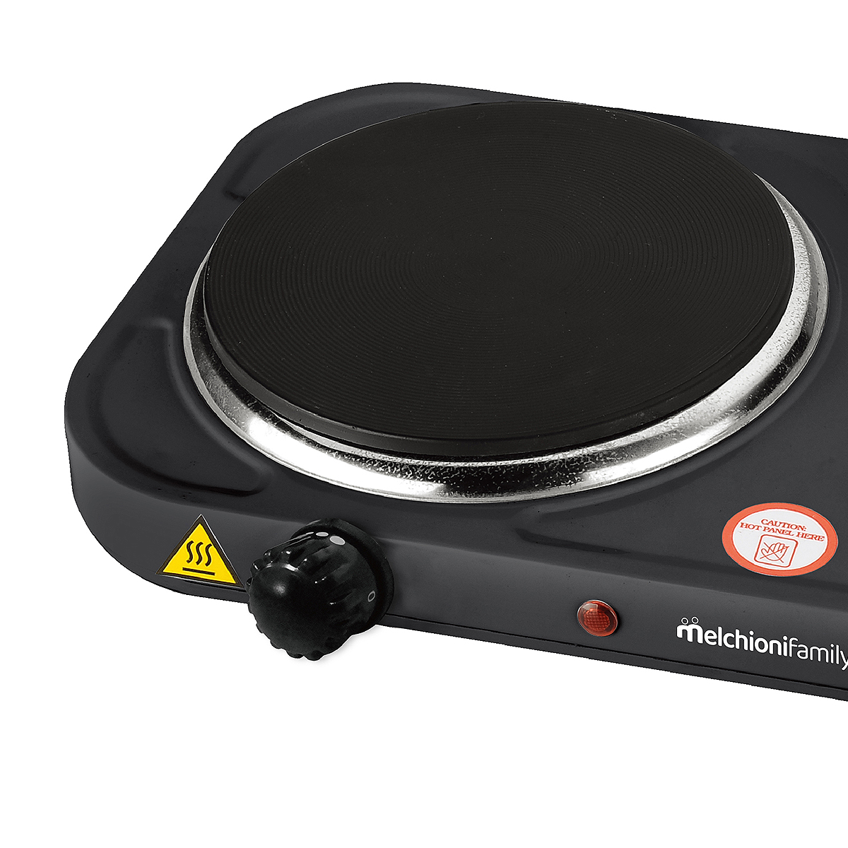 Una cocina eléctrica negra con un elemento calefactor, perilla de control y etiquetas de advertencia. La marca 'melchionifamily' es visible.