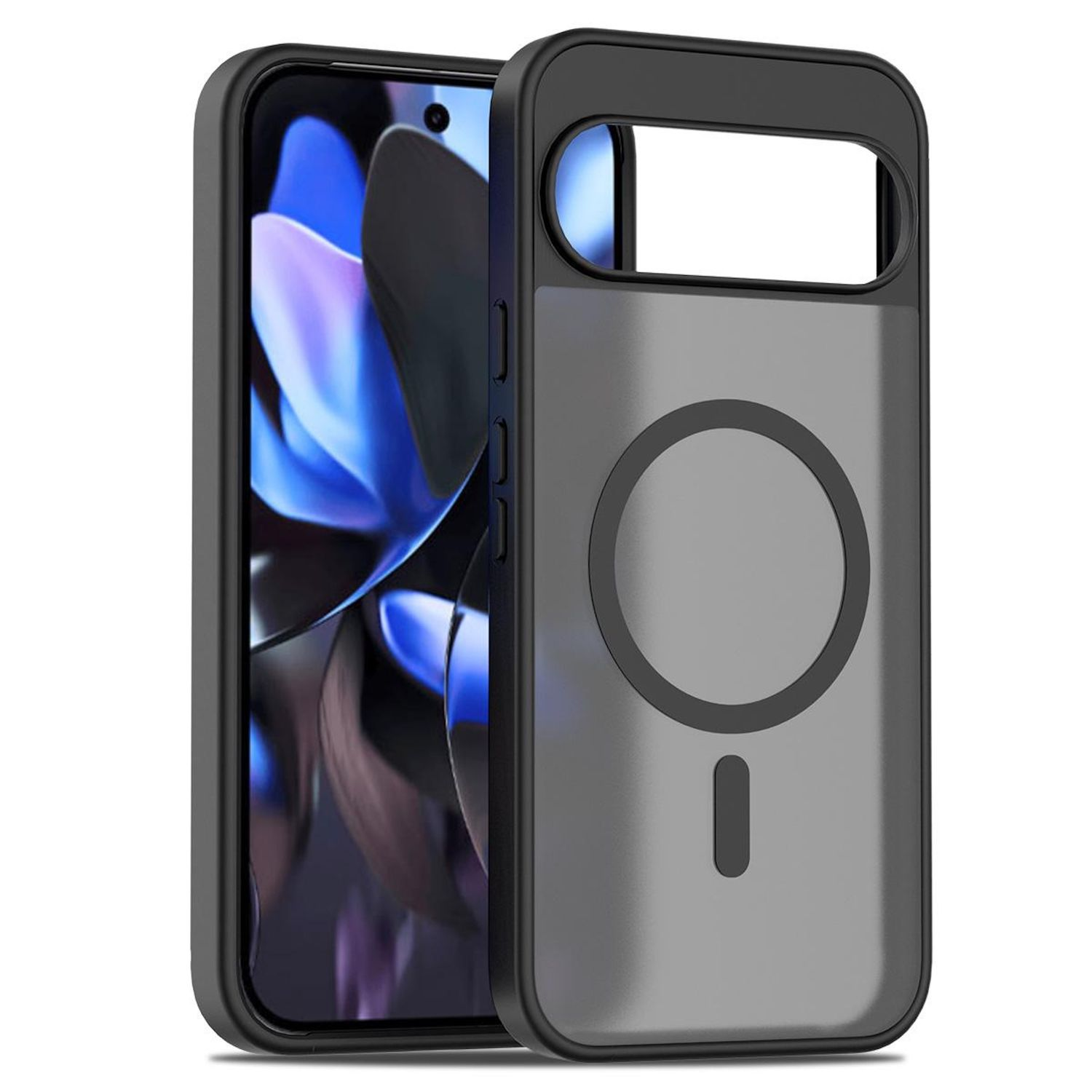Eine schwarze Handyhülle mit einem Telefon darin. Die Hülle hat einen Magnetkreis und einen Schlitz. Der Bildschirm zeigt Blau und Lila.