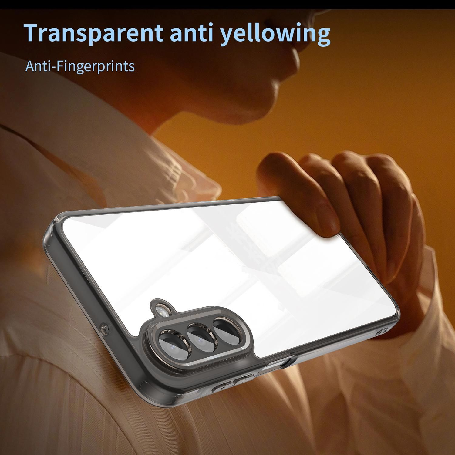 Eine Person hält ein Telefon in einer transparenten Hülle. Die Hülle ist durchsichtig, mit einem Kameraausschnitt sichtbar. Text: 'Transparentes Anti-Vergilben'.