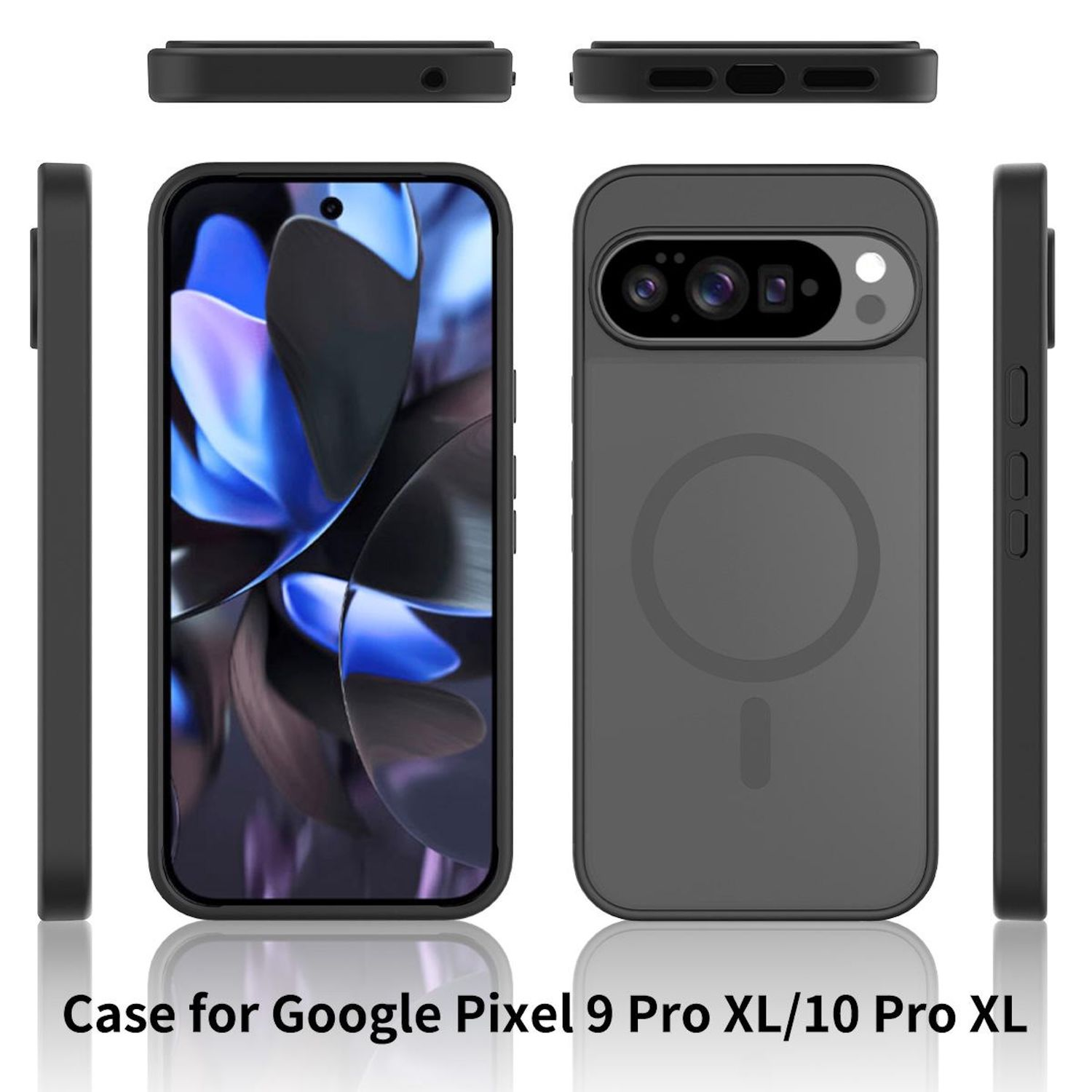 Eine Handyhülle für Google Pixel 9 Pro XL/10 Pro XL wird gezeigt. Die Hülle ist schwarz, der Bildschirm zeigt ein blaues und weißes abstraktes Bild.