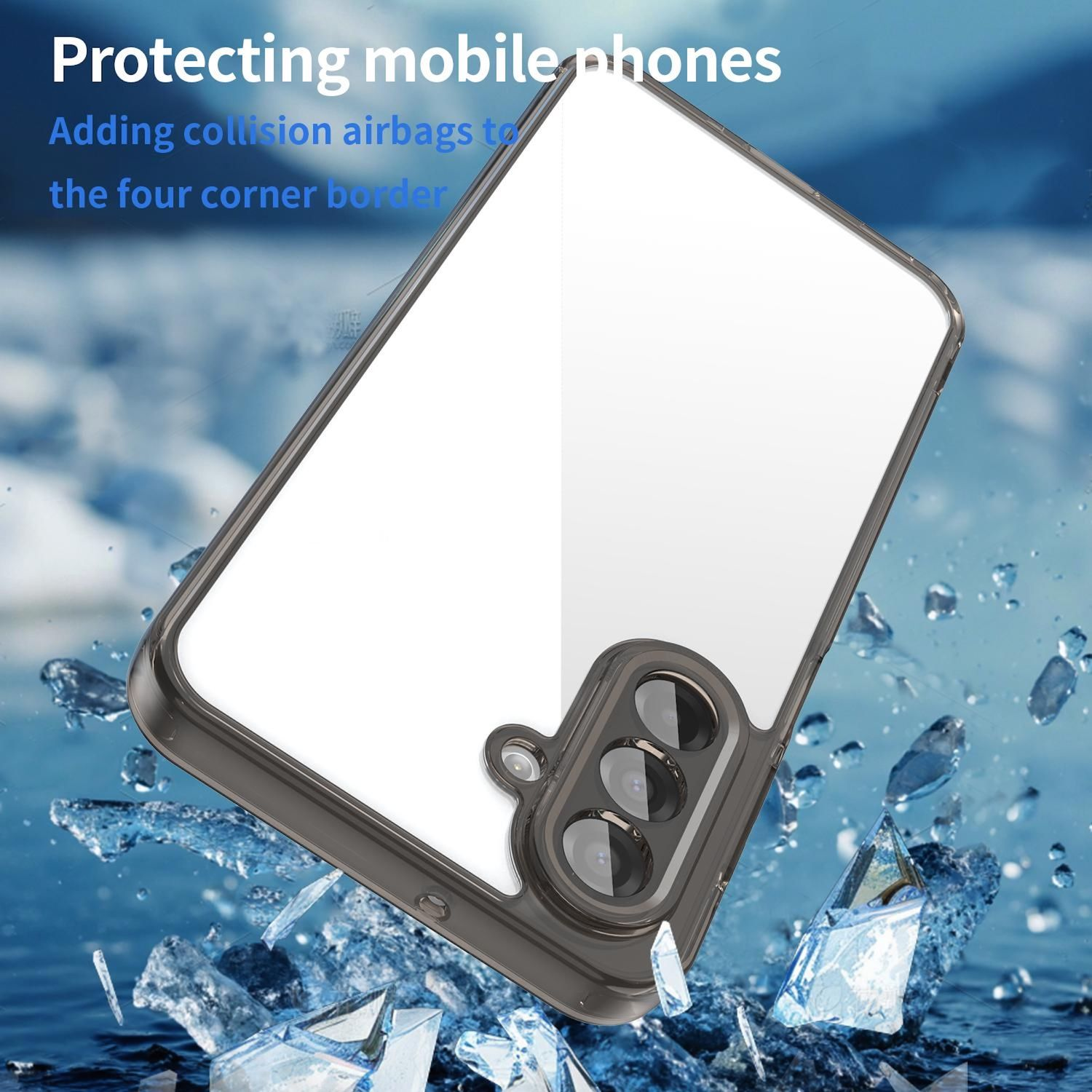Eine Handyhülle schützt ein Handy. Das Bild zeigt eine Handyhülle mit transparentem Rücken und grauem Rahmen, mit Eissplittern im Hintergrund.
