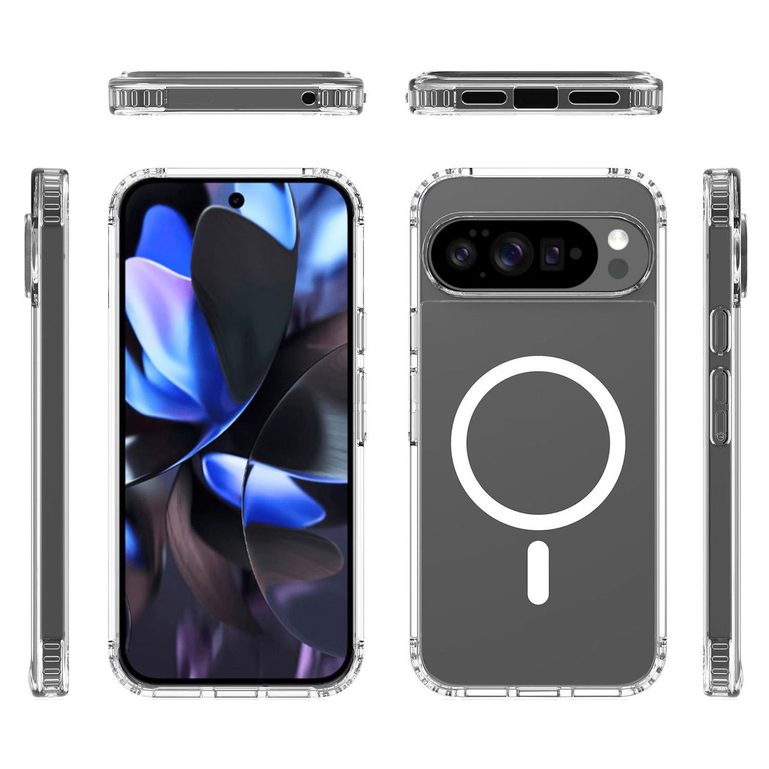 Funda transparente para teléfono con teléfono dentro, mostrando la cámara y la pantalla. La funda tiene un círculo magnético.