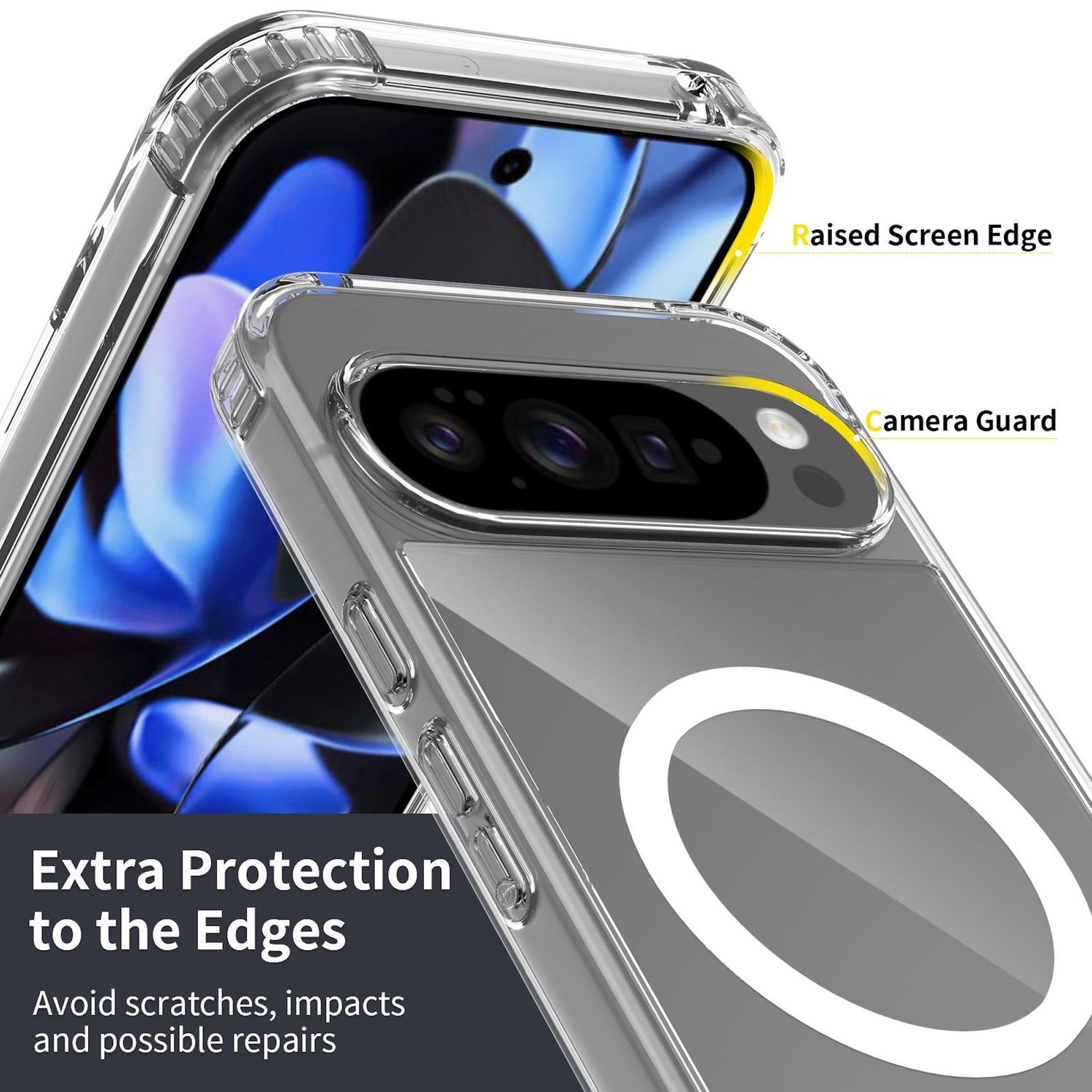 Funda transparente para teléfono que muestra bordes elevados y protector de cámara. Texto: Protección adicional en los bordes. Evita arañazos, impactos y reparaciones.