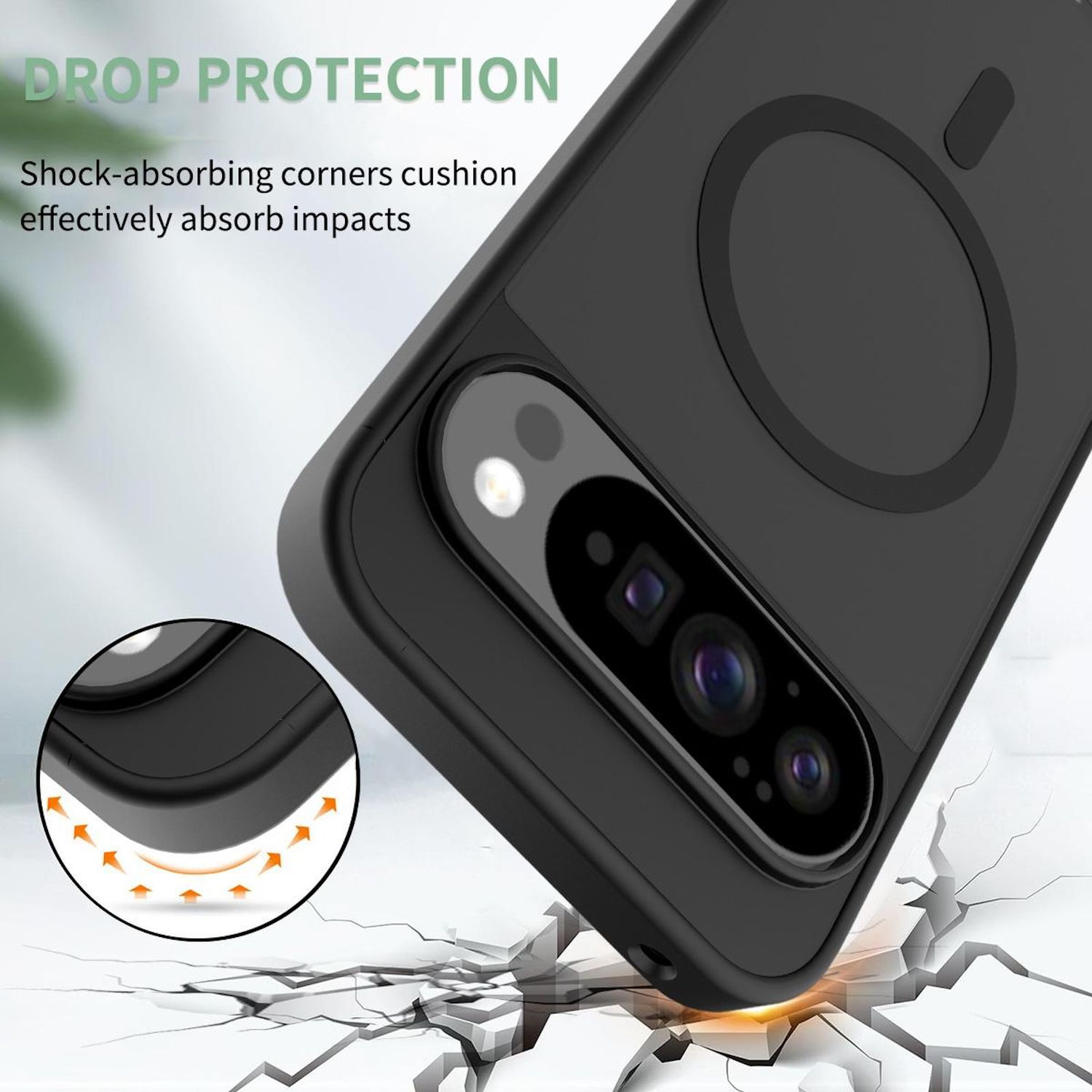 Schwarze Handyhülle mit Kameradetail, Aufschrift „Drop Protection“ und Riss-Effekt, der Stoßfestigkeit zeigt.