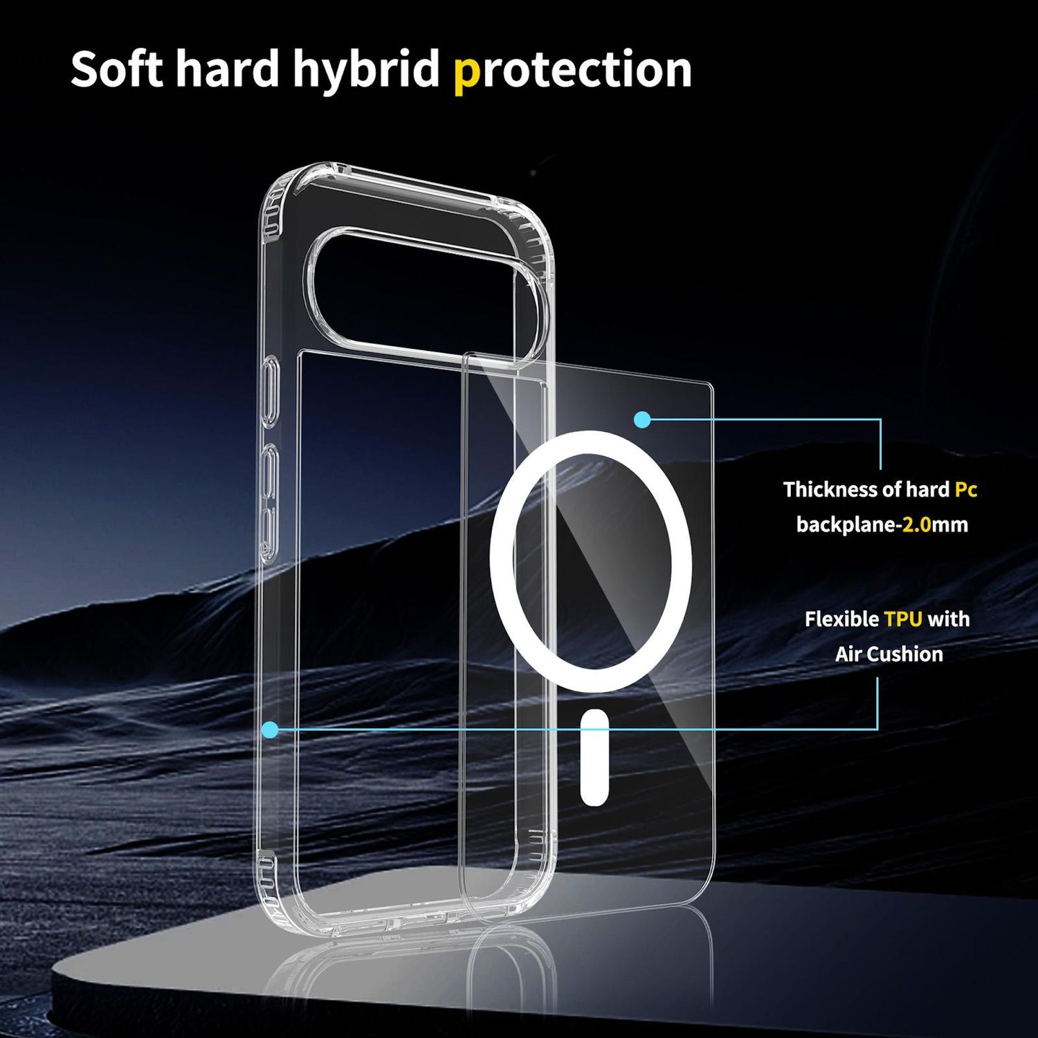 Funda transparente para teléfono con círculo magnético y texto: Protección híbrida suave y dura, Grosor de la placa trasera de PC rígida-2,0 mm, TPU flexible con Air Cushion.