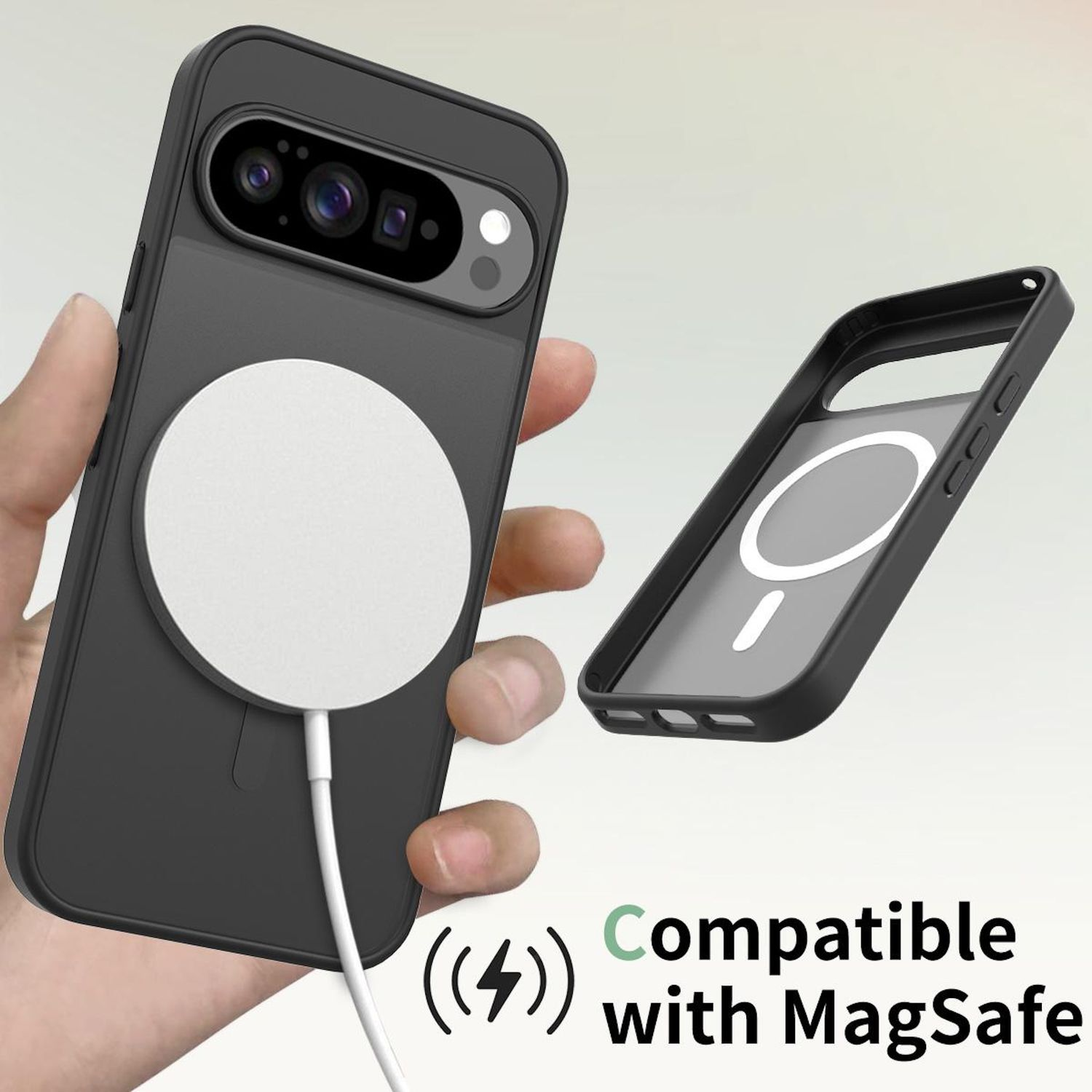 Hand hält eine schwarze Handyhülle mit weißem MagSafe-Ladegerät. Eine weitere Hülle daneben. Text: Kompatibel mit MagSafe.
