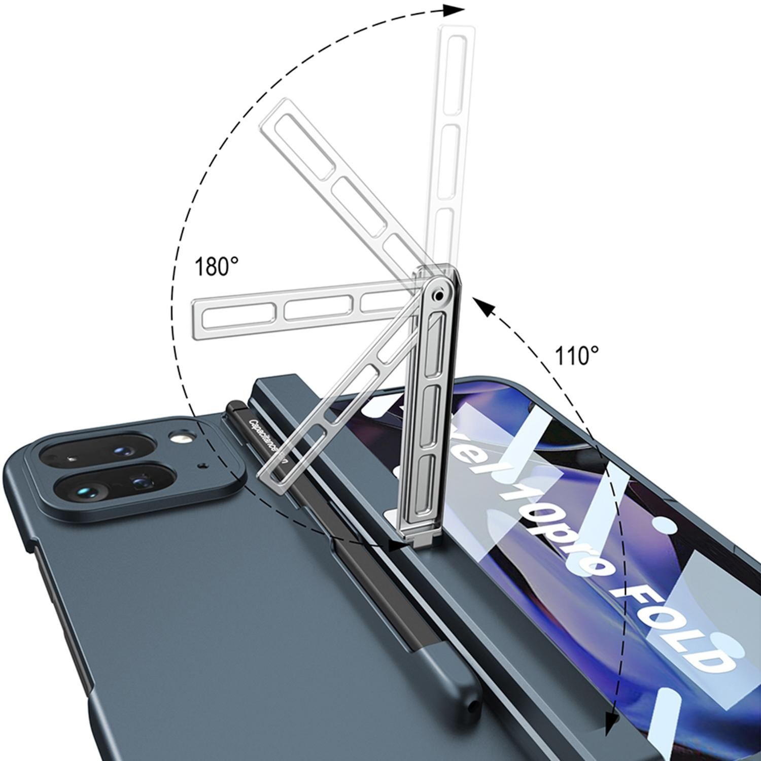 Ein Telefon mit Ständer, das Winkel zeigt. Ein Stift ist angebracht. Telefon ist blau, Ständer ist silber. Auf dem Bildschirm steht 'Pixel 10 Pro Fold'.