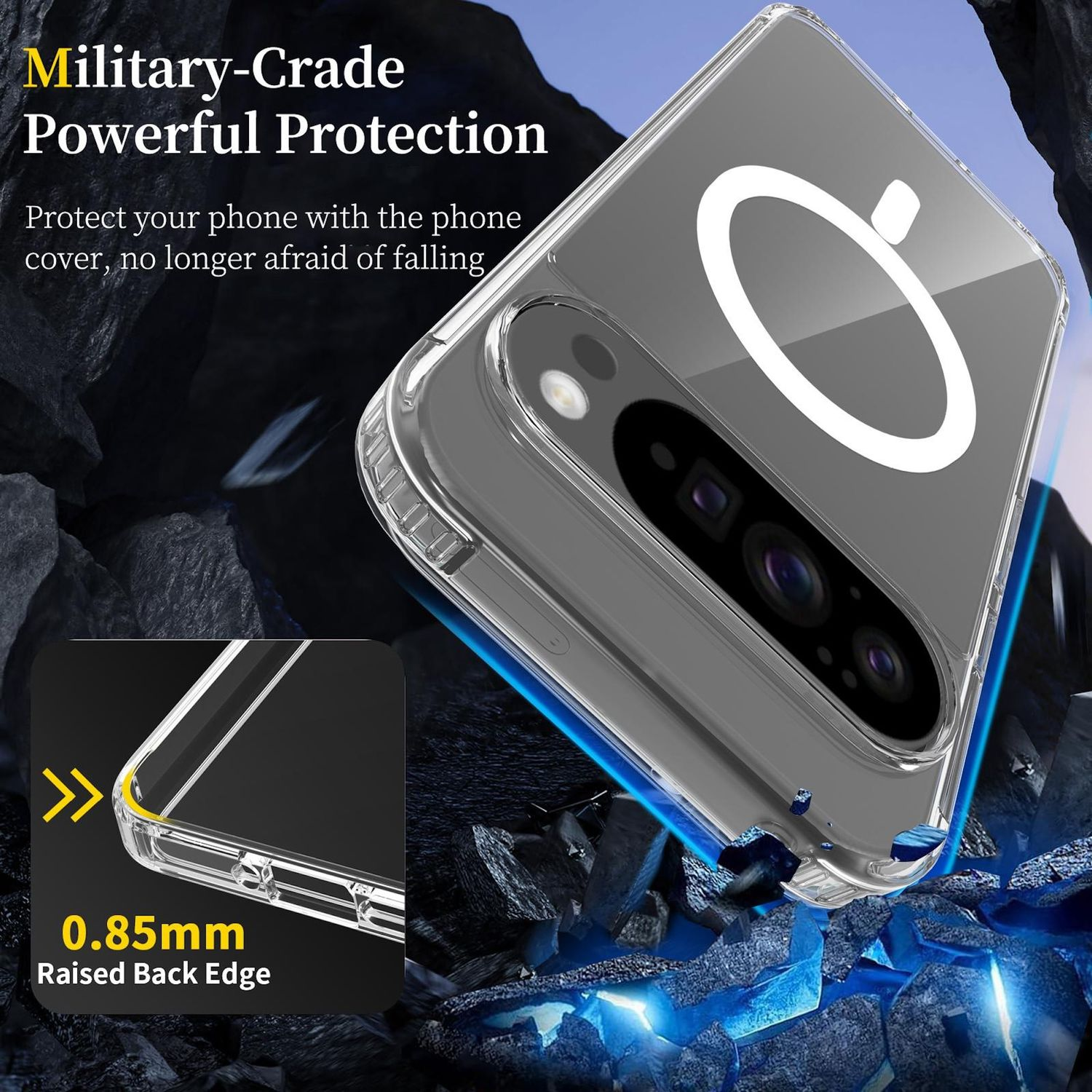 Funda transparente para teléfono sobre fondo oscuro. Texto: 'Protección militar'. Primer plano muestra borde trasero elevado.