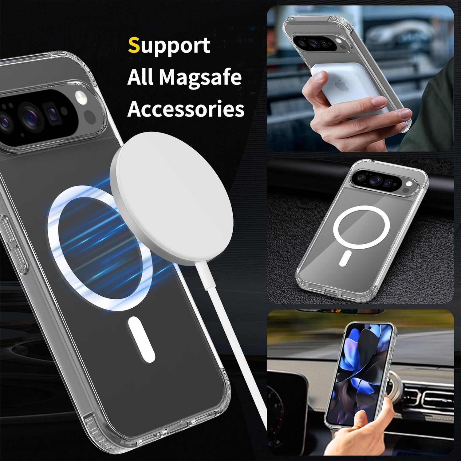 Un teléfono con una funda transparente con un cargador MagSafe. Otras imágenes muestran fundas de teléfono con accesorios MagSafe adjuntos.